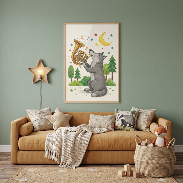 French horn playing wolf wall art hangs above a mustard sofa in a green room with a star lamp and woven toy basket.