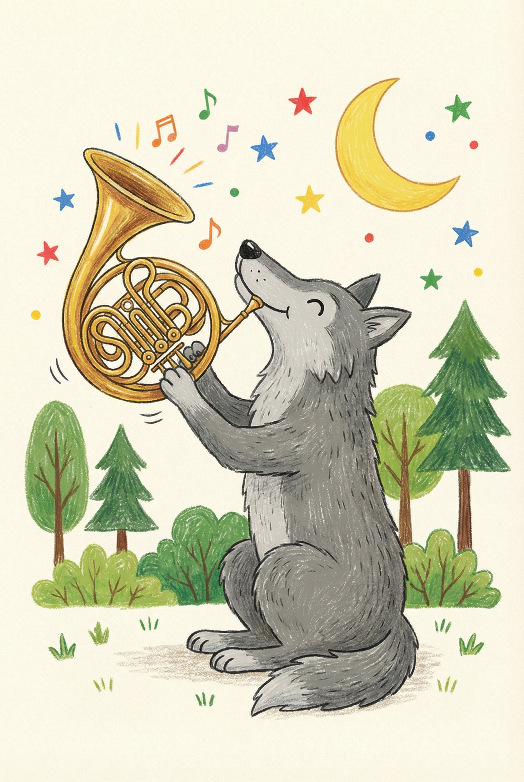 French Horn Playing Wolf Wall Art - Moonlit Wolf Melody