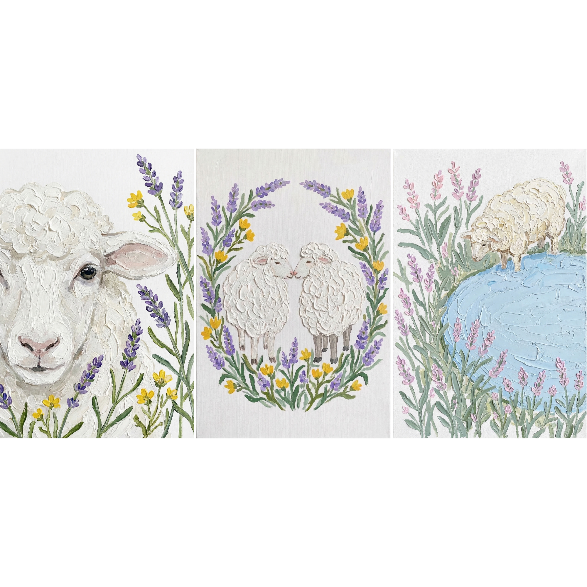 French Lavender Farm Sheep Wall Art Set of 3 - Lavender Meadow Sheep