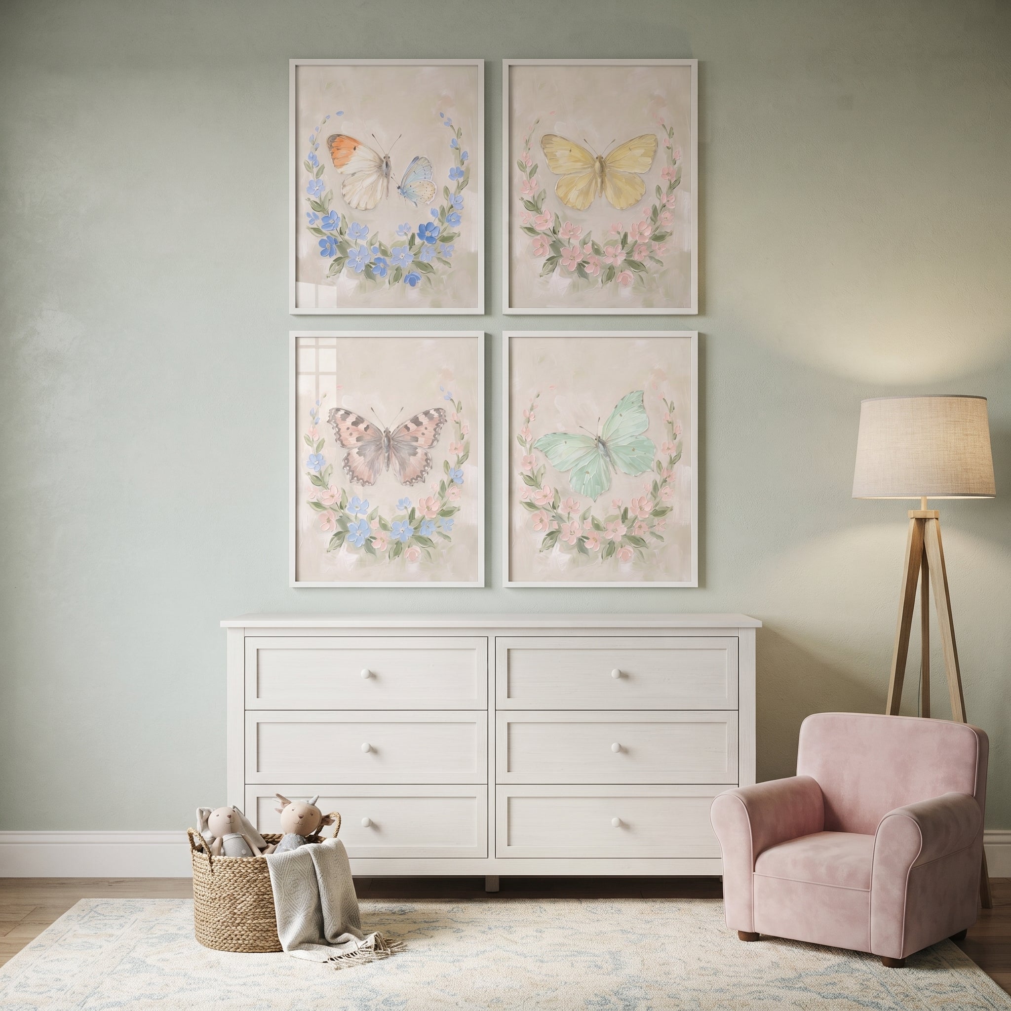 French Provence Wreath Butterfly Wall Art Set of 4 - Pastel Winged Dreams