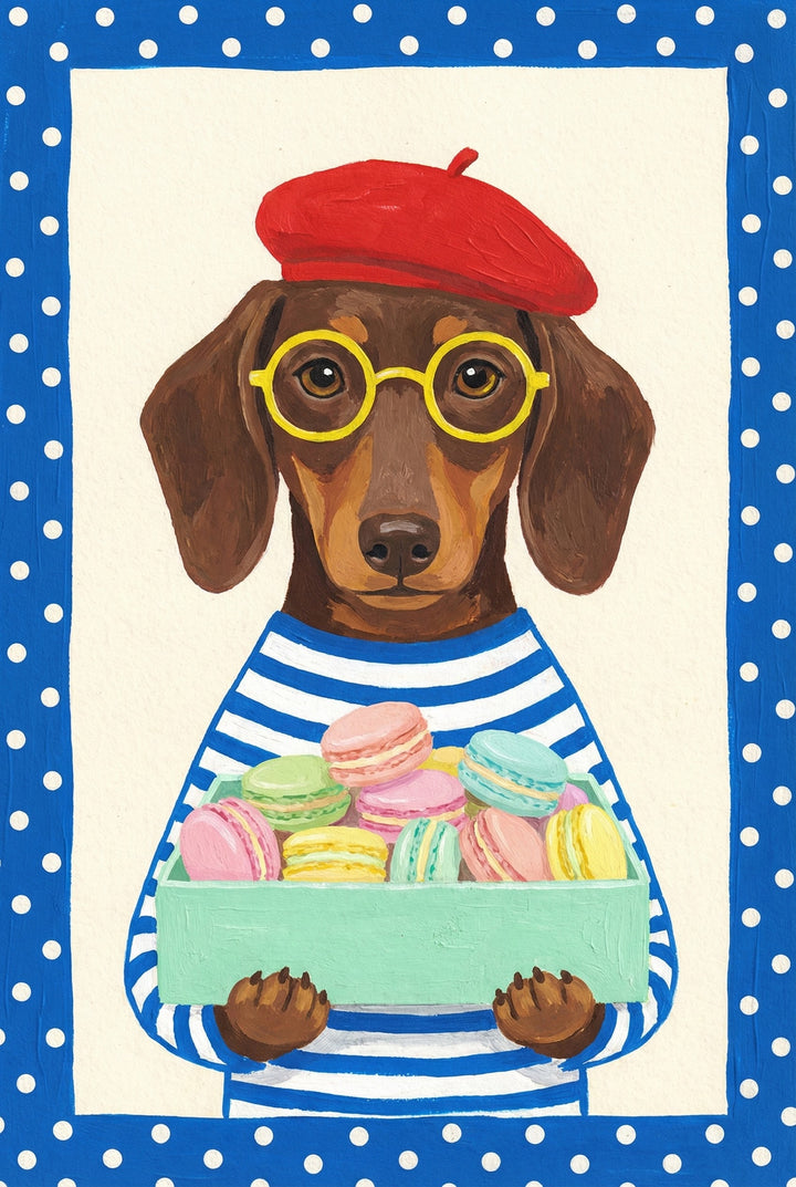 A brown dachshund wearing a red beret and yellow glasses holds a mint green box filled with colorful macarons, wearing a classic blue striped shirt.
