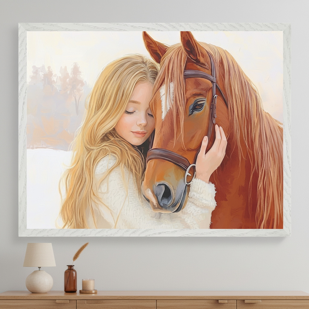 Modern room with a light wood dresser. A framed painting of a blonde girl hugging a brown horse in a soft painterly style hangs centered above the dresser.