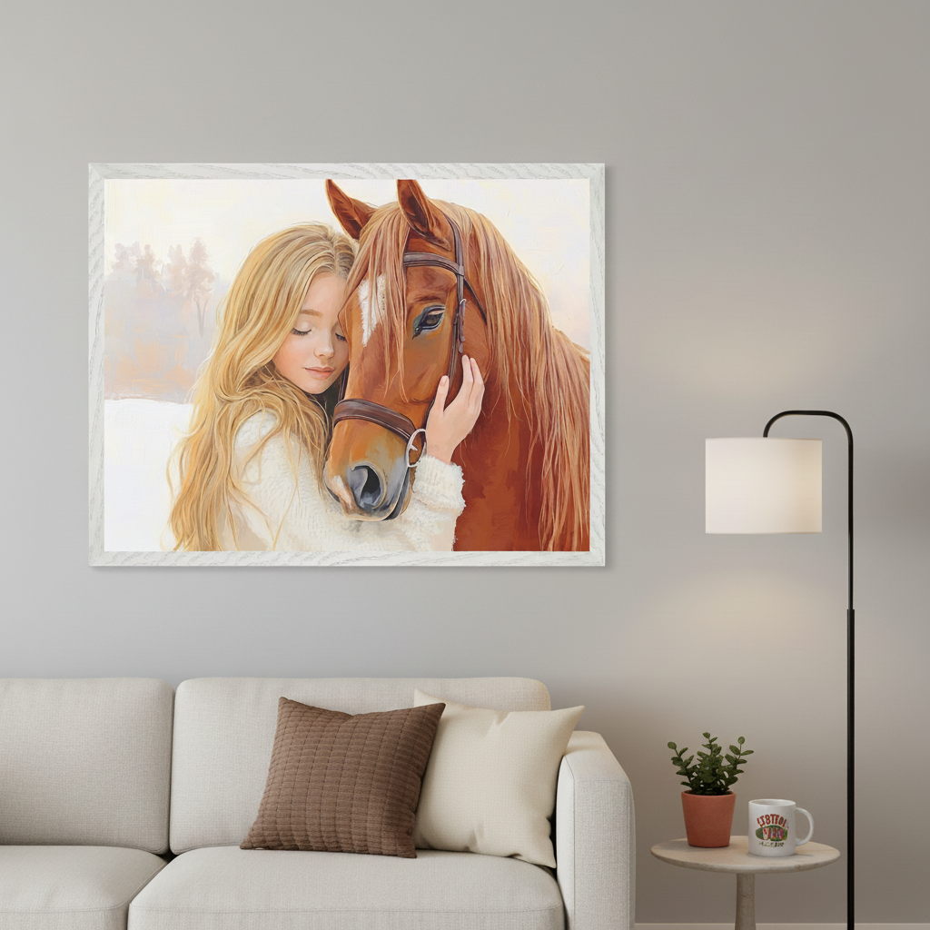 Modern living room with a beige sofa. A large framed painting of a blonde girl hugging a brown horse in a snowy landscape hangs above the sofa. A floor lamp, side table, potted plant, and mug are to the right.