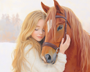 A young girl with long blonde hair gently embraces a chestnut horse, resting her head against its face. The horse wears a bridle, and they both appear serene in a softly lit, snowy landscape.