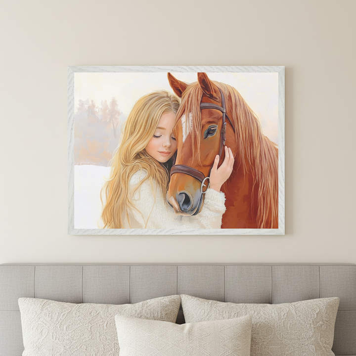 Bedroom with a gray upholstered headboard and light-colored pillows. A framed painting of a young girl with blonde hair hugging a brown horse with a bridle hangs centered above the bed.