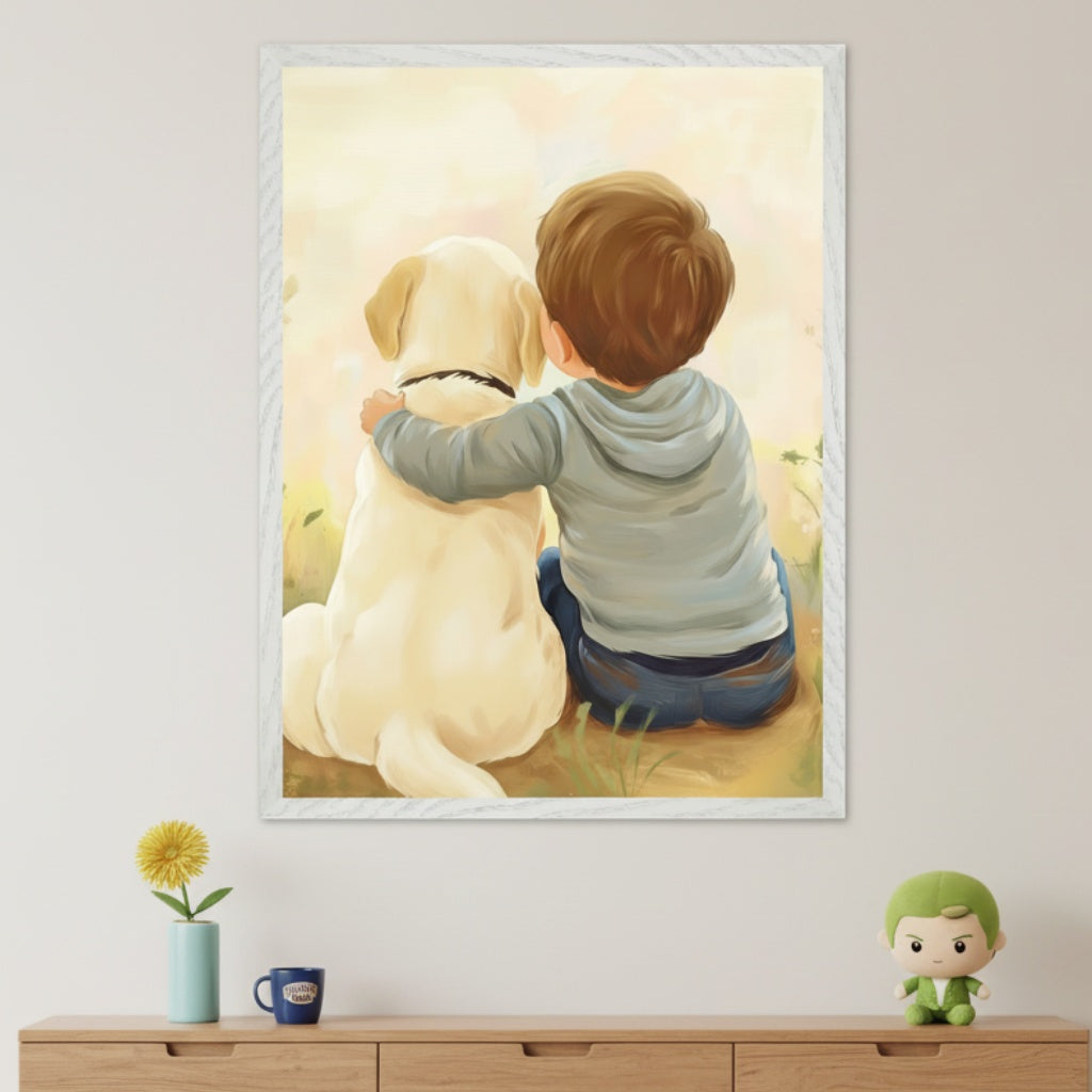 Modern room with a light wood dresser. A large framed illustration of a young boy hugging a yellow Labrador dog from behind, looking at a pastel landscape, hangs centered above the dresser. A yellow flower in a vase and a green plush toy are on the dresser.