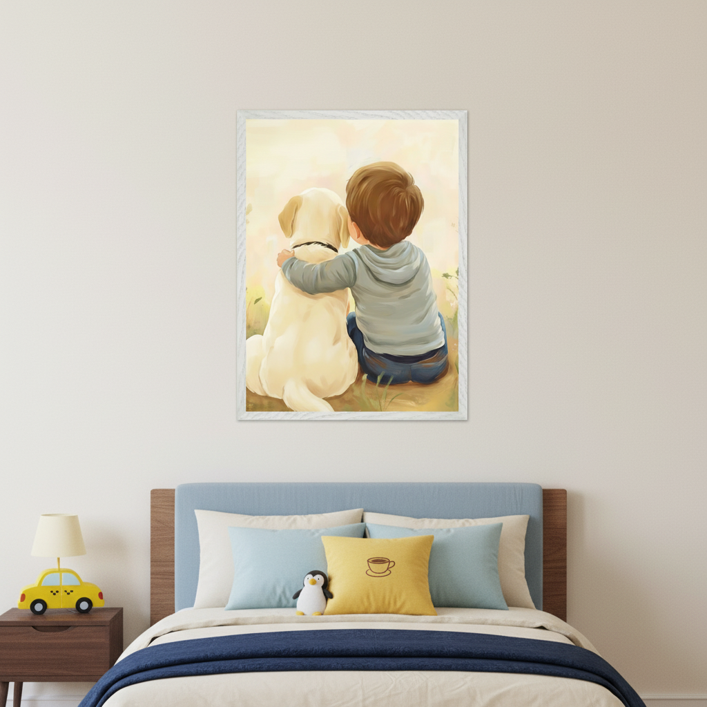Kid's bedroom with a blue-headboard bed and a wooden nightstand. A framed painting of a boy hugging a yellow dog, seen from behind, looking into the distance, hangs centered above the bed. The artwork is in a colorful, illustrative style.