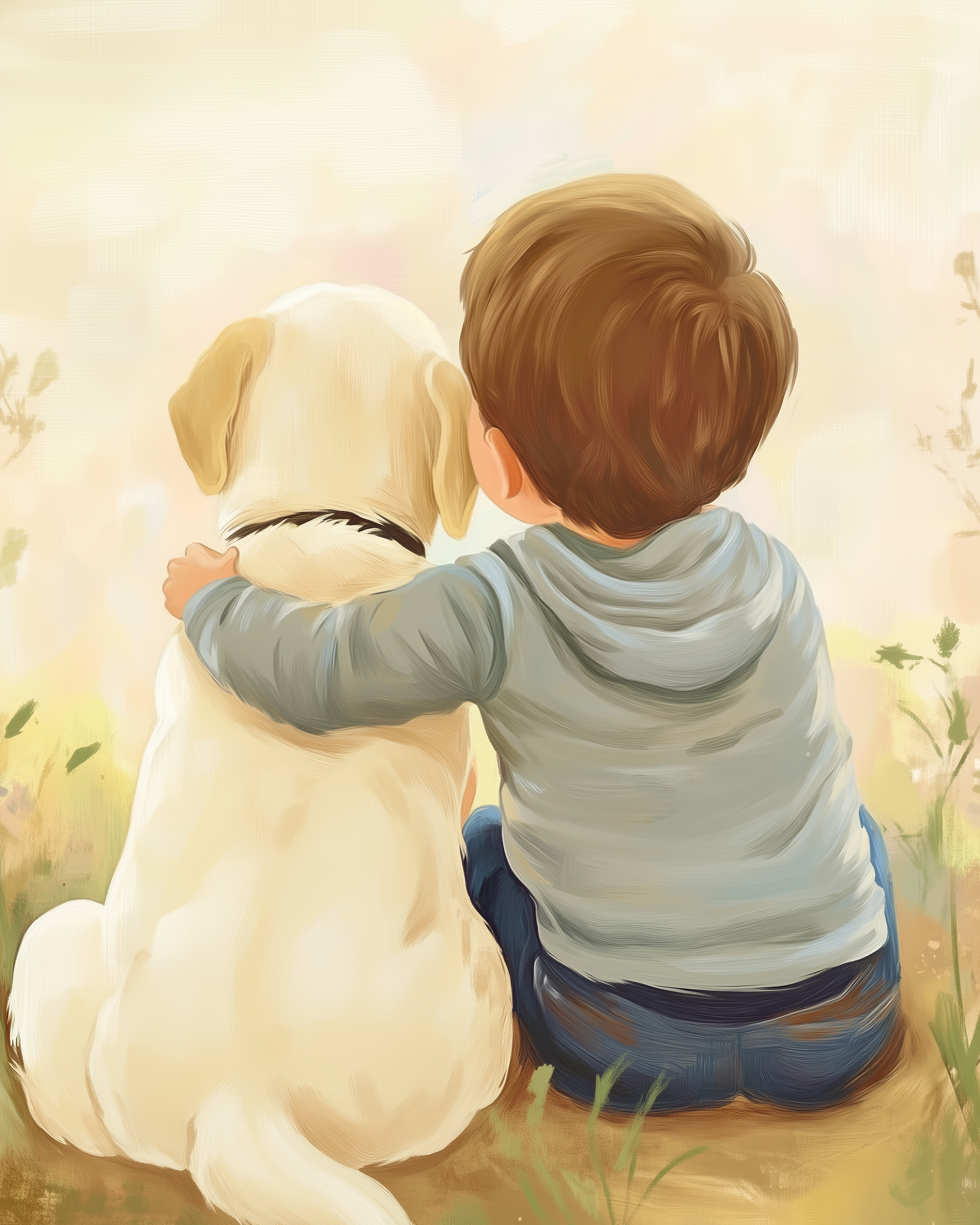 A young child in a blue hoodie sits on the grass, affectionately embracing a golden retriever, both gazing into the soft, pastel-colored background.