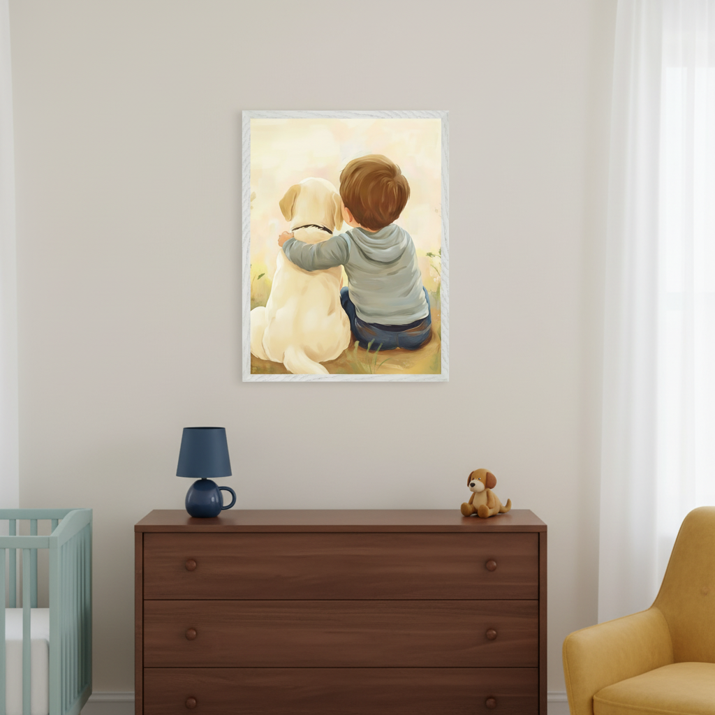 Modern nursery with a light blue crib and a brown dresser. A framed illustration of a boy hugging a yellow Labrador puppy, seen from behind, sits above the dresser. A blue lamp and a stuffed dog are on the dresser; a yellow armchair is to the right.