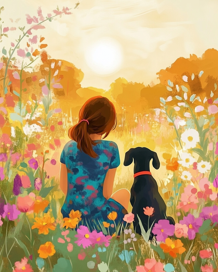 A woman with brown hair in a ponytail sits beside a black dog wearing a red collar, both facing a bright sun in a vibrant field of colorful flowers.