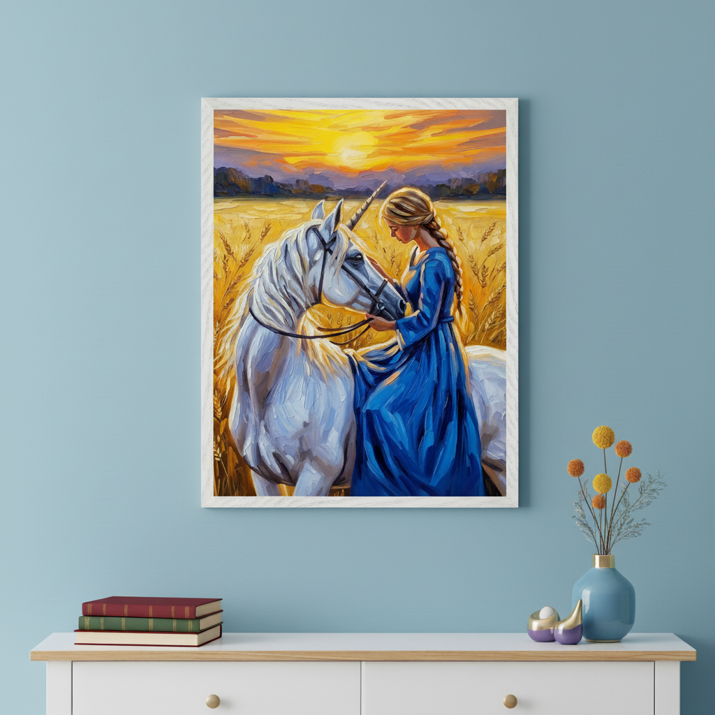 Modern room with a light blue wall and a white dresser. A framed oil painting hangs above the dresser, depicting a woman in a blue dress with a white unicorn in a golden wheat field at sunset.