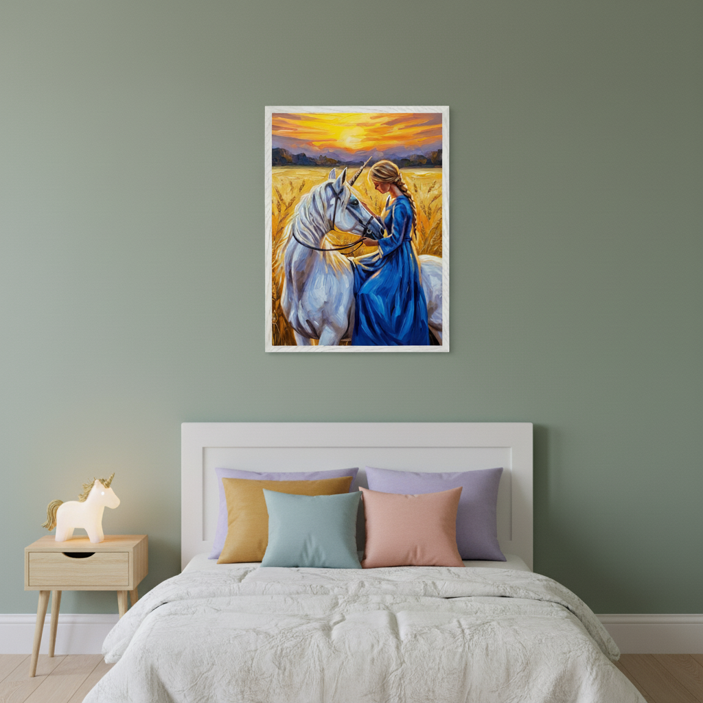 Kid's bedroom with a white bed, colorful pillows, and a wood nightstand with a unicorn lamp. Above the bed hangs a framed oil painting of a woman in a blue dress with a white unicorn in a golden wheat field at sunset.