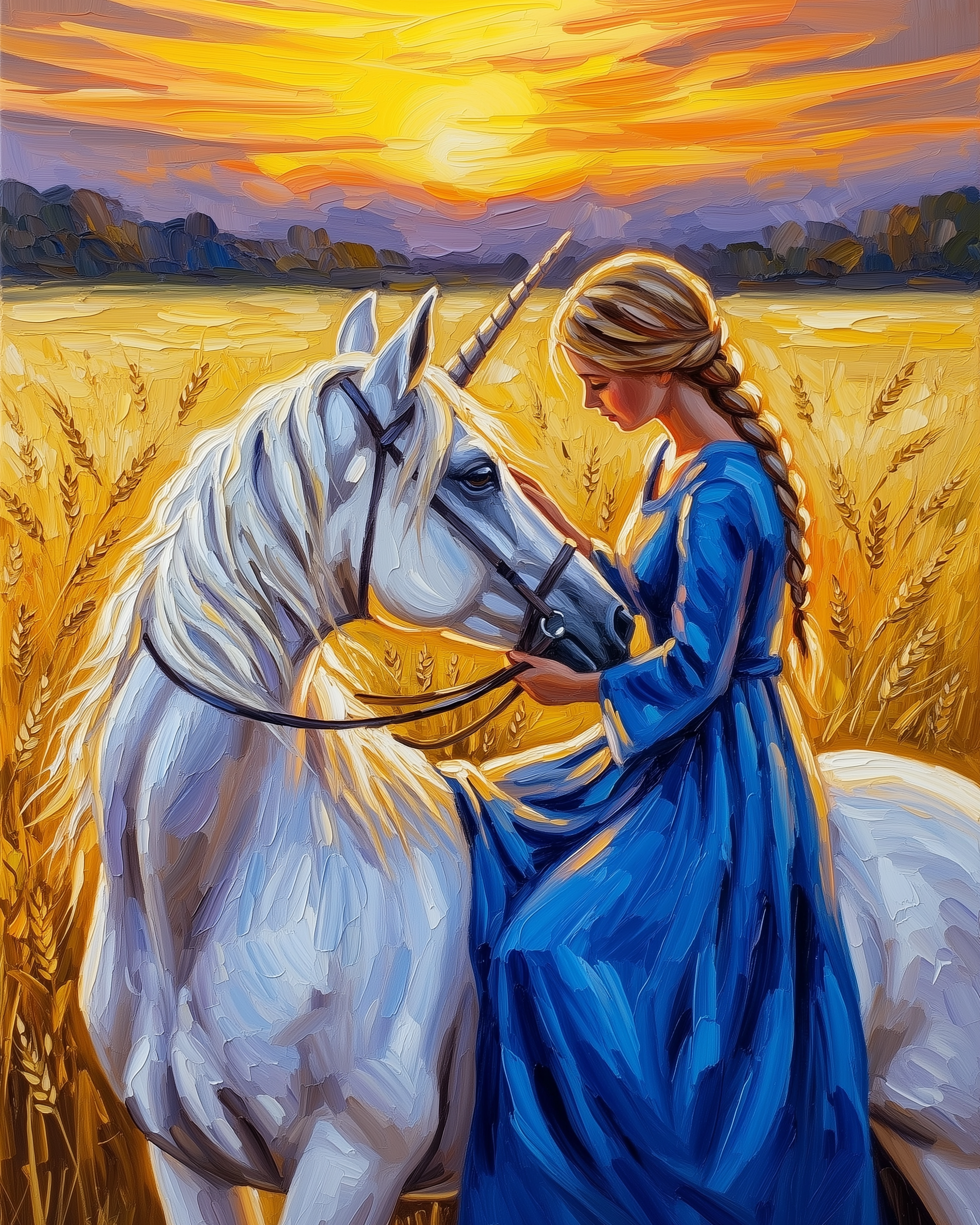 A woman in a flowing blue dress sits gracefully on a white unicorn in a golden wheat field, bathed in the warm glow of a vibrant sunset. Her hair is elegantly braided, and she gently holds the unicorn's reins, creating a serene and magical scene.