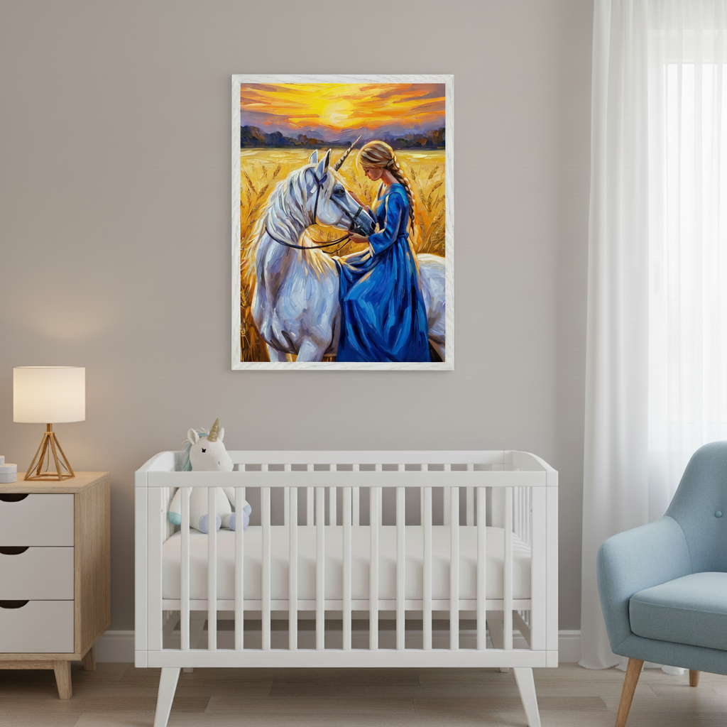 Modern nursery with a white crib, unicorn plushie, and light wood dresser. A large framed oil painting hangs centered above the crib, depicting a girl in a blue dress on a white unicorn in a golden wheat field at sunset. A light blue armchair is on the right.