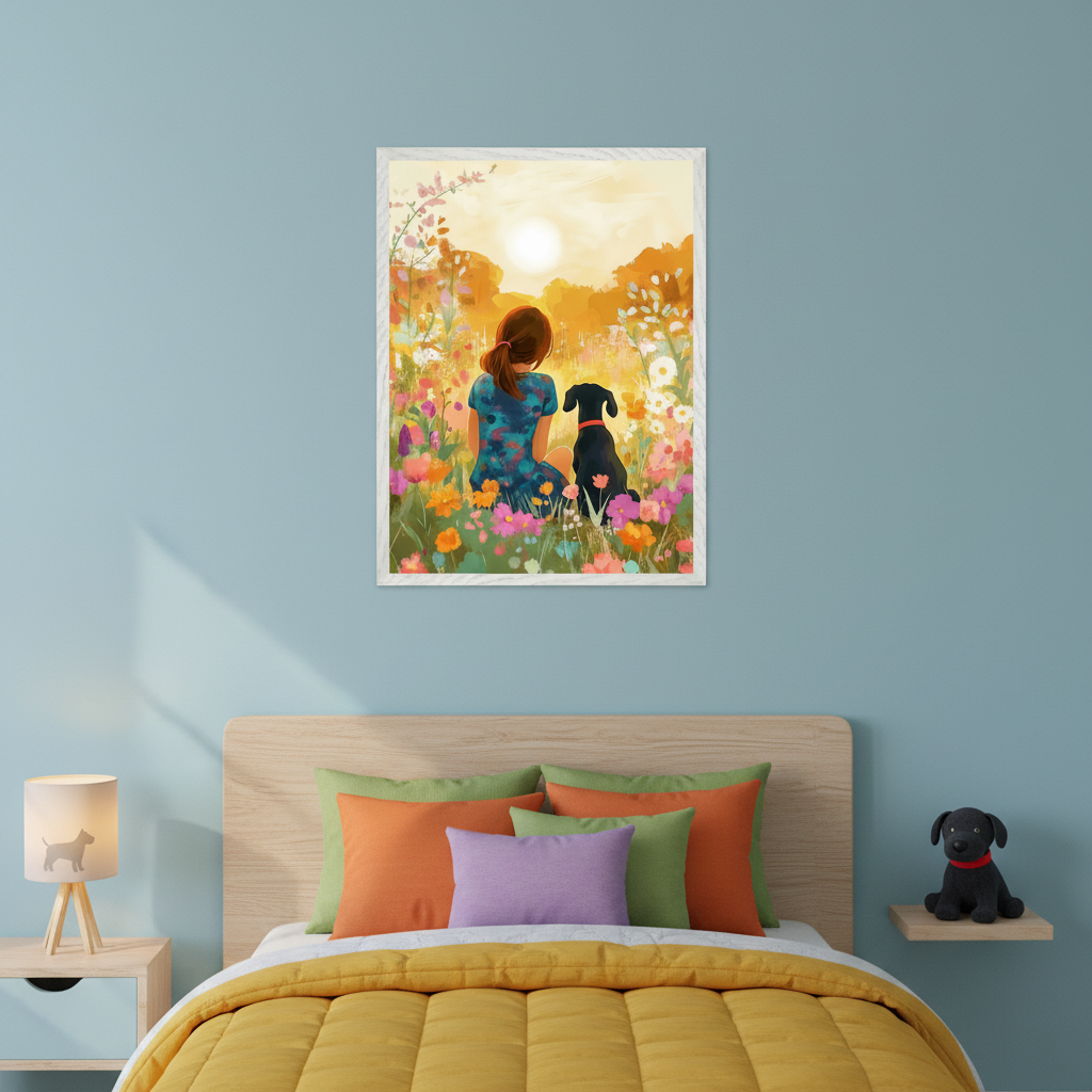 Bedroom with a wooden bed, yellow comforter, and colorful pillows. A framed painting of a girl and black dog in a flower field watching the sunset hangs above the bed. A nightstand with a dog lamp is on the left; a black dog plushie sits on a shelf to the right.
