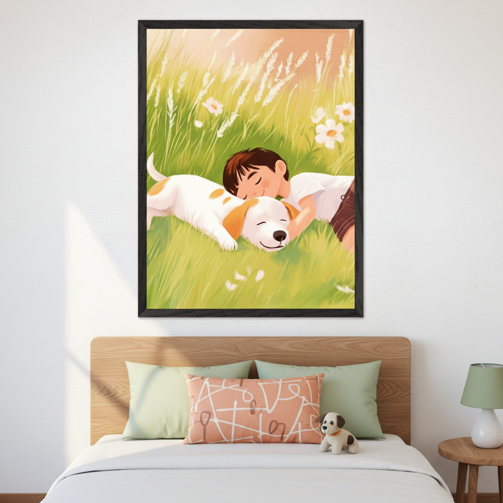 Kid's bedroom with a wooden headboard, white bed, light green and peach pillows, and a stuffed dog. A wooden nightstand with a green lamp is to the right. A framed illustration of a boy and a dog sleeping in a grassy field with flowers hangs centered above the bed.