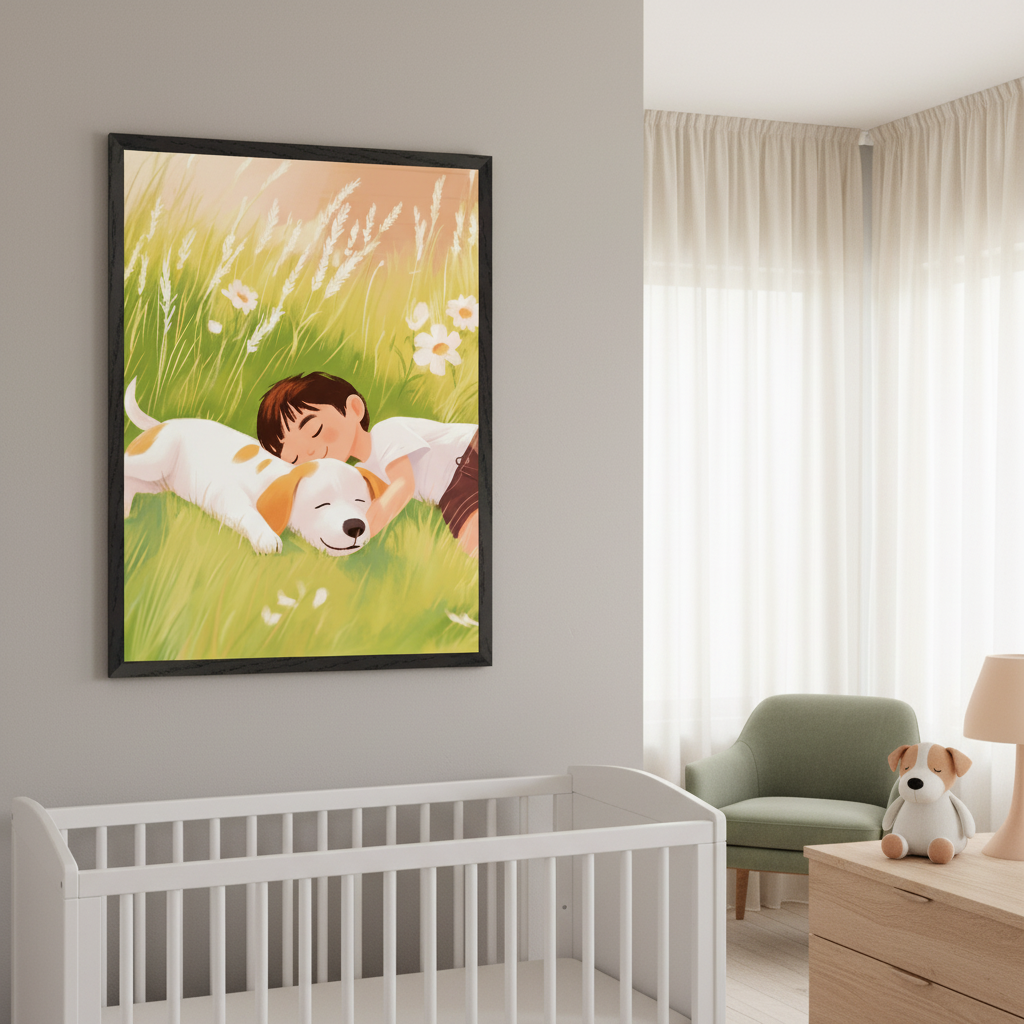 Modern nursery with a white crib against a gray wall. A large framed illustration of a boy sleeping next to a white and tan dog in a grassy field with flowers hangs above the crib. A green armchair and wooden dresser are on the right.