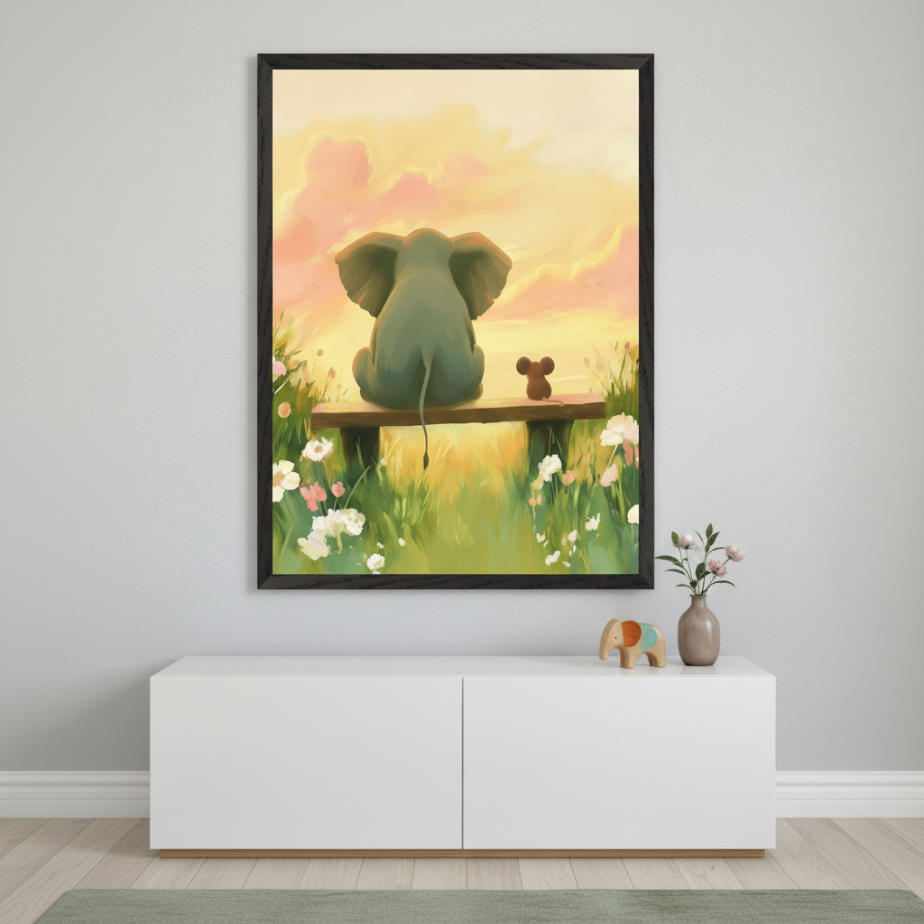 An artwork of a cartoon elephant and mouse sitting side by side on a wooden bench, watching a soft sunset over a flower-filled meadow, displayed above a white cabinet with a ceramic elephant and vase.
