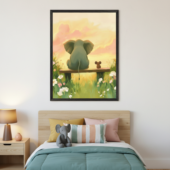 Cozy bedroom featuring a whimsical painting of an elephant and mouse silhouetted against a golden sky, peacefully sitting together among tall grass and white wildflowers, hung above a bed with a plush elephant toy.