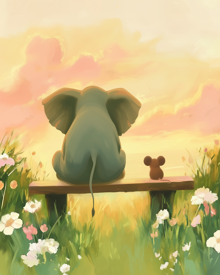 An elephant and a mouse sit side by side on a wooden bench, gazing at a vibrant sunset with pink and orange clouds. They are surrounded by a lush field of green grass and white and pink flowers, creating a serene and picturesque scene.