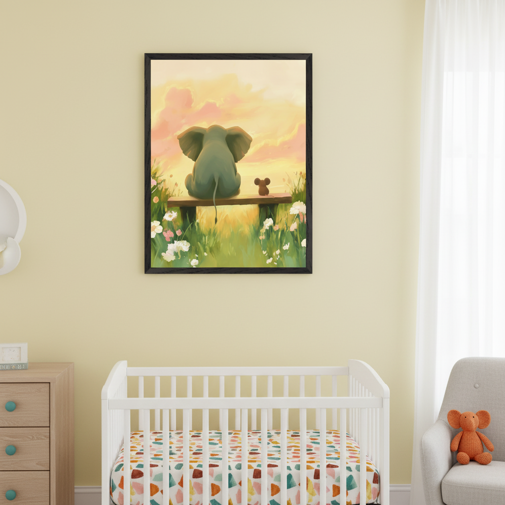 Gentle nursery scene with a framed sunset illustration of an elephant and mouse sharing a bench in a flowered field, placed above a white crib with colorful bedding and a stuffed orange elephant on a nearby chair.