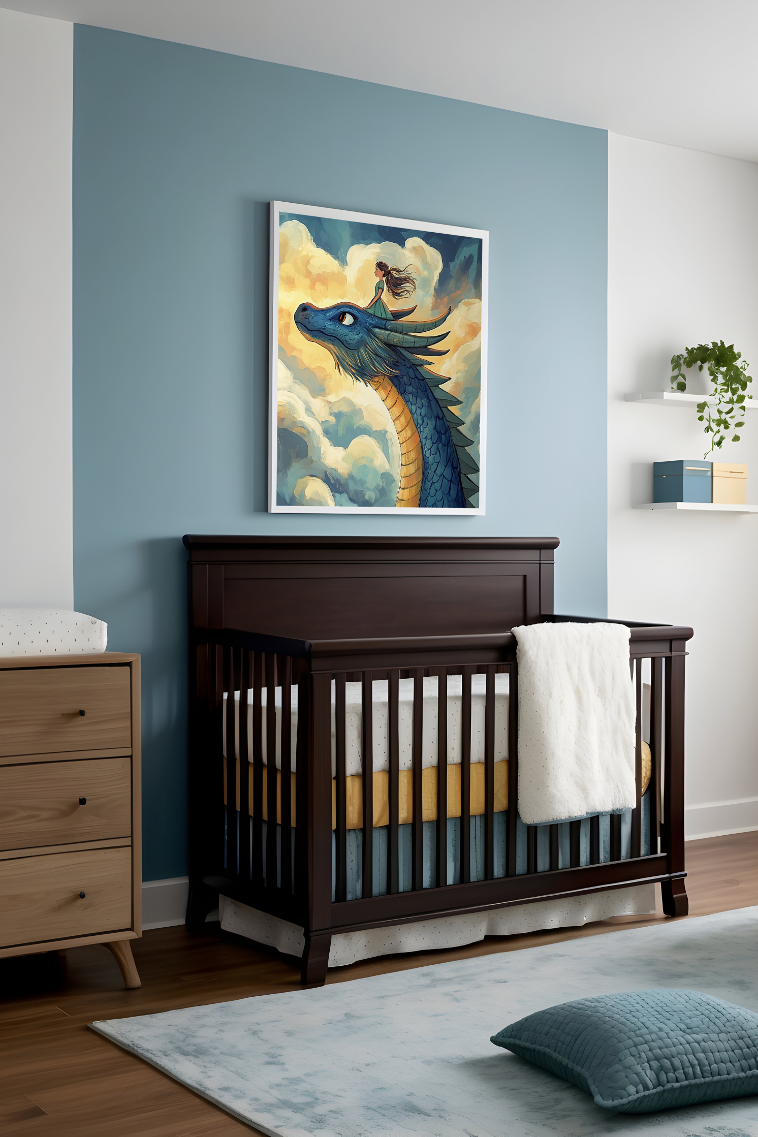 A calming nursery space styled with soft blue and white walls, accented by layers of cozy bedding in soothing blues and yellows. Above the crib hangs a captivating painting of a girl standing boldly atop a gentle blue dragon soaring among fluffy clouds, inspiring a sense of adventure and imagination.