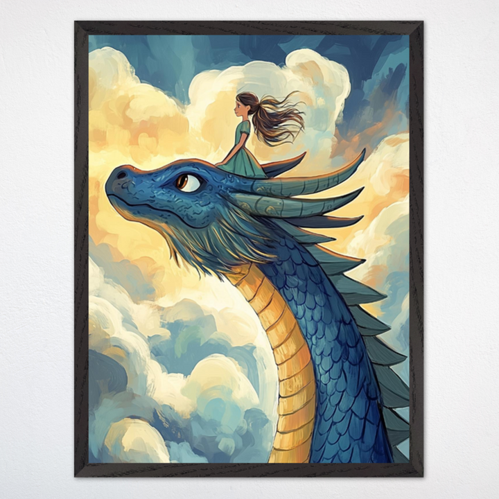 Whimsical illustration of a young girl in a green dress riding on the head of a large blue dragon with golden accents, soaring through a dreamy sky filled with fluffy clouds. The girl's hair blows in the wind, suggesting motion and adventure amid a magical atmosphere.