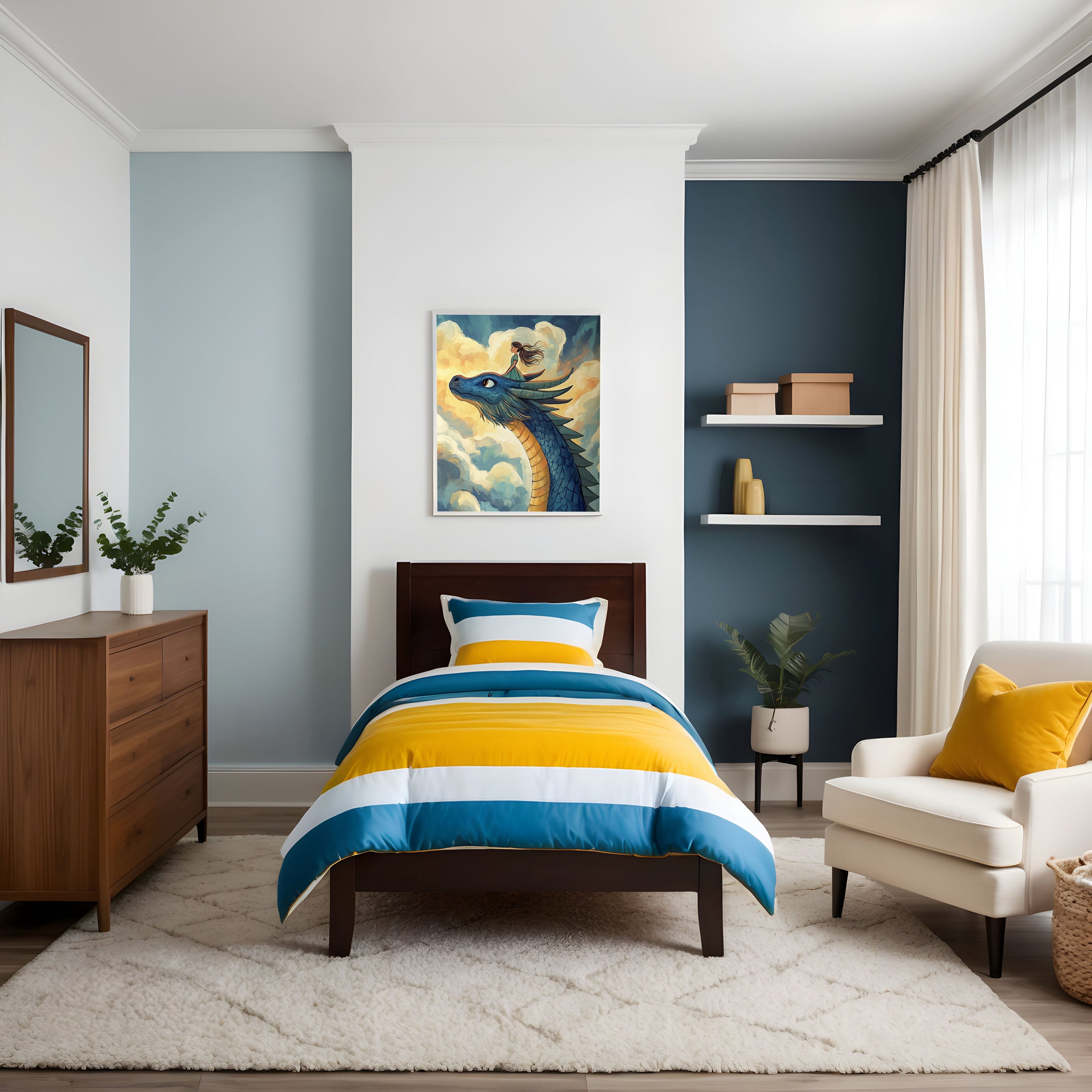 Bright and clean child’s bedroom with soft blue and white walls, featuring a dark wood bed with bold yellow, white, and teal striped bedding on a fluffy white rug. Above the bed, a framed illustration shows a girl sitting atop a regal blue dragon’s head as they float through a dreamy, cloud-filled sky.