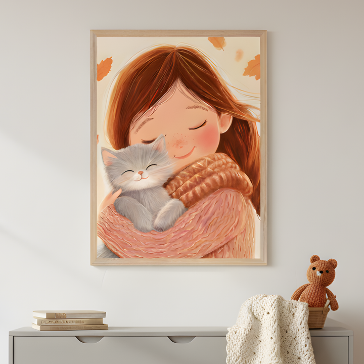 Framed illustration of a smiling girl with long brown hair hugging a fluffy gray kitten, both with closed eyes, wrapped in cozy knit sweaters. The warm autumn-themed artwork hangs above a dresser with stacked books, a knitted teddy bear, and a cream-colored blanket, adding a soft and comforting feel to the space.