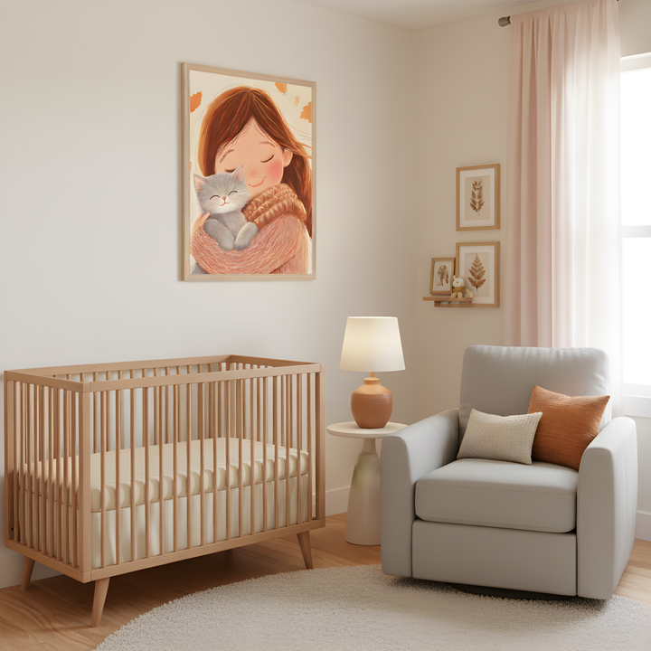 Softly lit nursery with a wooden crib and a cozy gray armchair accented by rust and cream pillows, beside a small side table with a ceramic lamp. Above the crib hangs a framed illustration of a girl with long brown hair hugging a gray kitten, set against falling autumn leaves, adding warmth and charm to the room.
