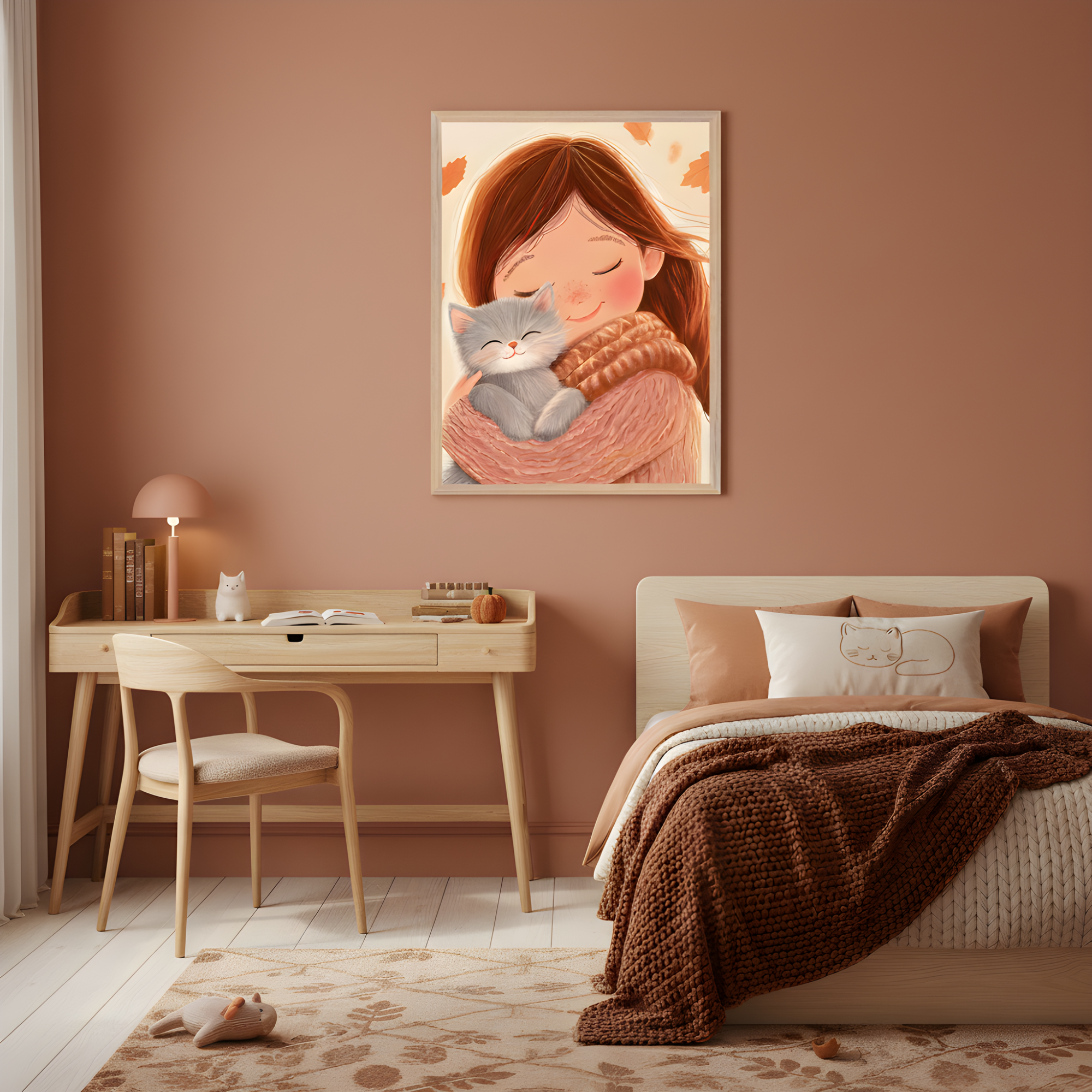 Warm-toned bedroom with terracotta walls featuring a framed illustration of a girl hugging a gray kitten, both with peaceful expressions and surrounded by falling autumn leaves. The space includes a light wood desk with books and a small cat figurine, a matching chair, and a bed with cozy rust-colored accents and a cat-print pillow, creating a calm and inviting atmosphere.