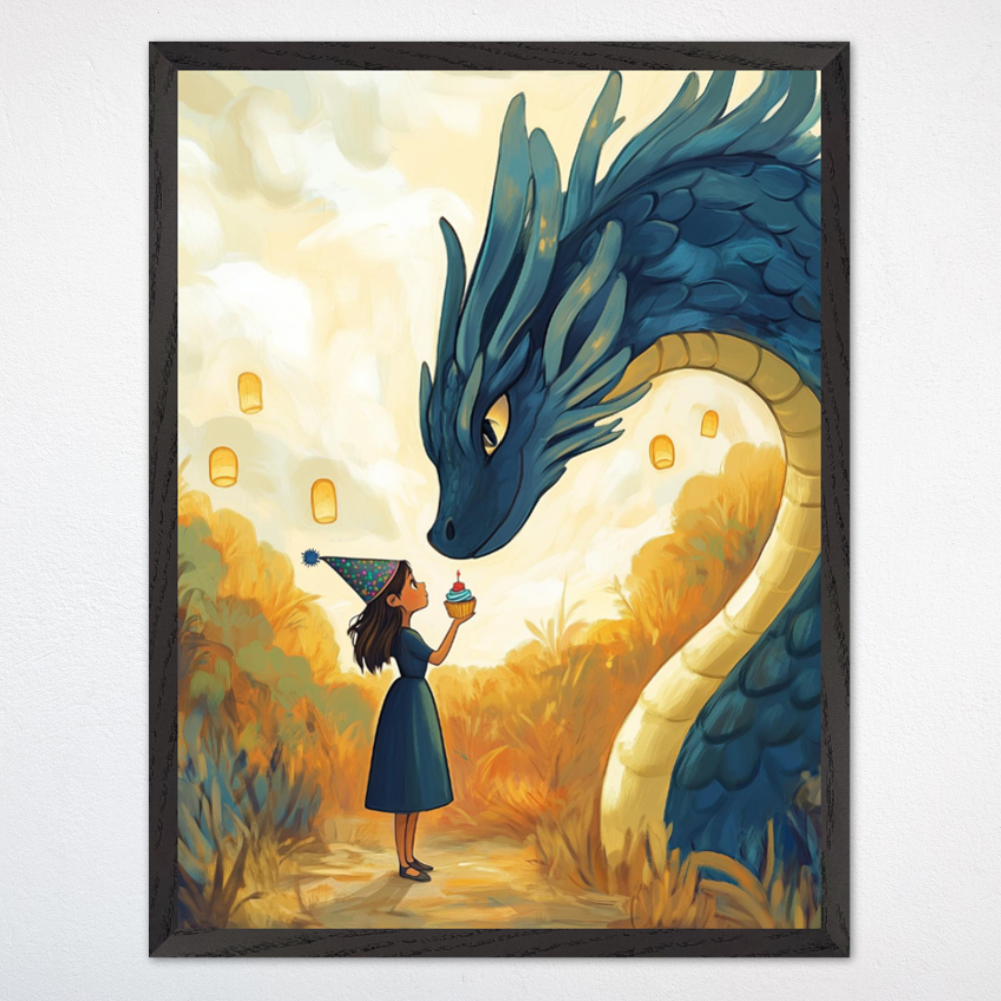 Whimsical illustration of a girl in a party hat holding a cupcake with a lit candle, standing in front of a large blue dragon who gazes at her gently. Floating lanterns drift in the background, creating a warm, magical birthday scene filled with wonder and celebration.