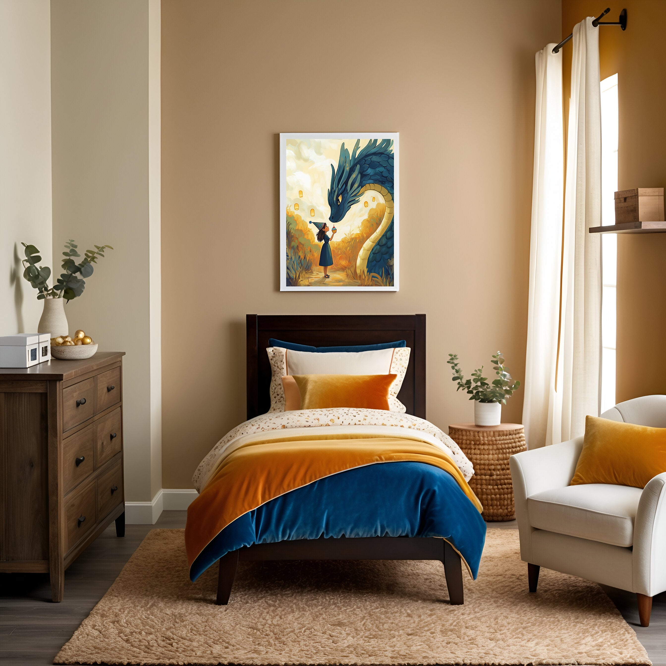 Children's bedroom with tan walls and a dark wood bed, styled with white, gold, and deep blue bedding. Above the bed, a framed fantasy illustration shows a girl holding a lantern while gently touching the nose of a large, coiled blue dragon in a glowing autumn field.