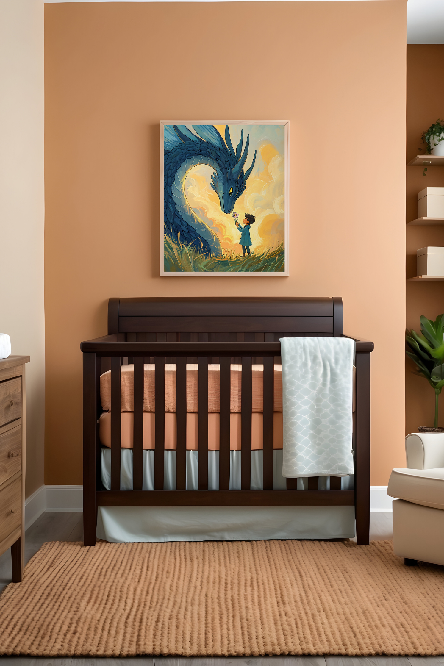 Cozy nursery featuring warm terracotta walls, soft peach bedding, and a plush textured rug, creating a calm and inviting atmosphere. Above the crib hangs a heartwarming painting of a young child gently offering flowers to a friendly blue dragon, emphasizing friendship and kindness in the room's decor.