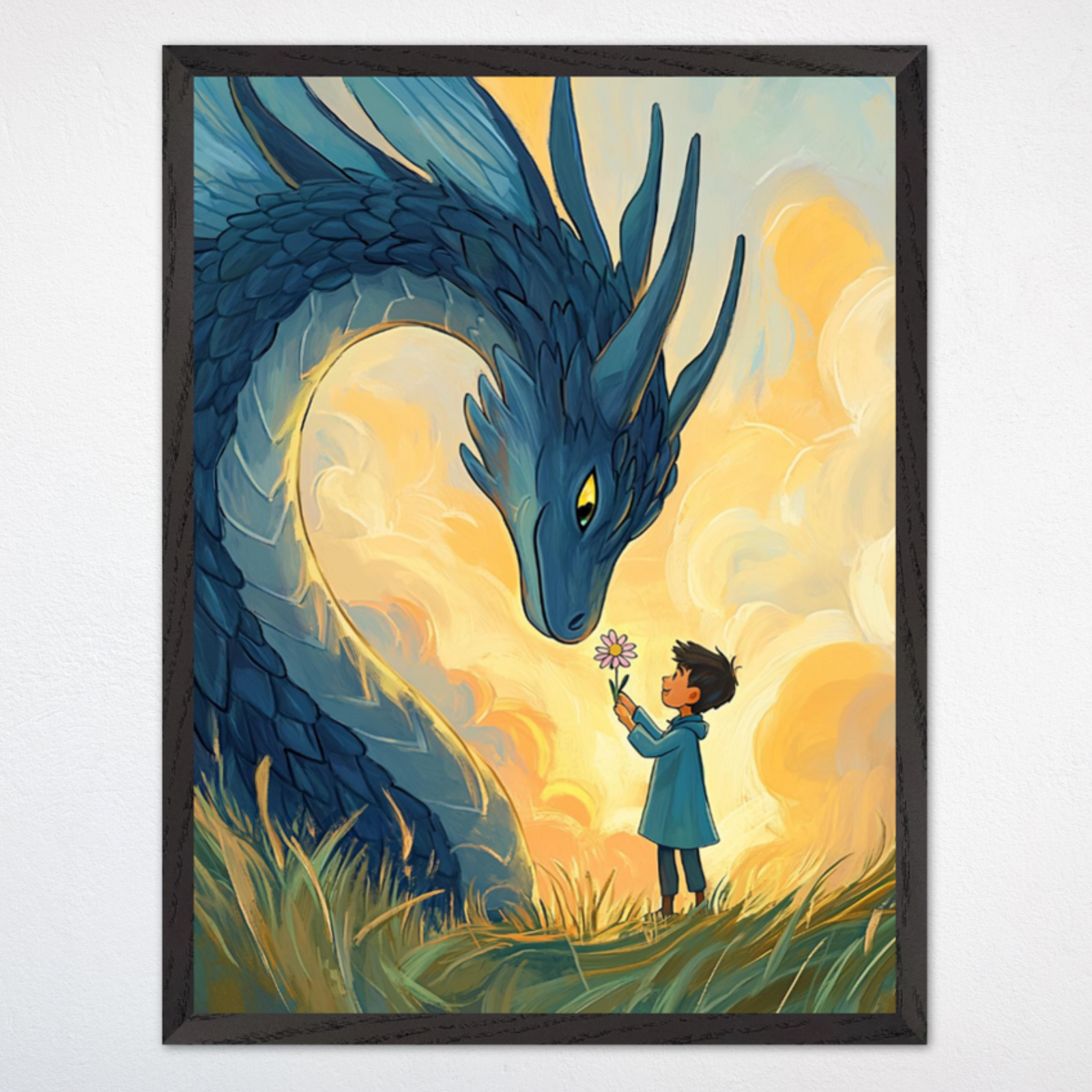 Heartwarming illustration of a young boy in a blue coat offering a pink flower to a towering blue dragon, who leans down gently to accept it. They stand in a grassy field under a glowing sky filled with soft, golden clouds, capturing a moment of tender connection and trust.