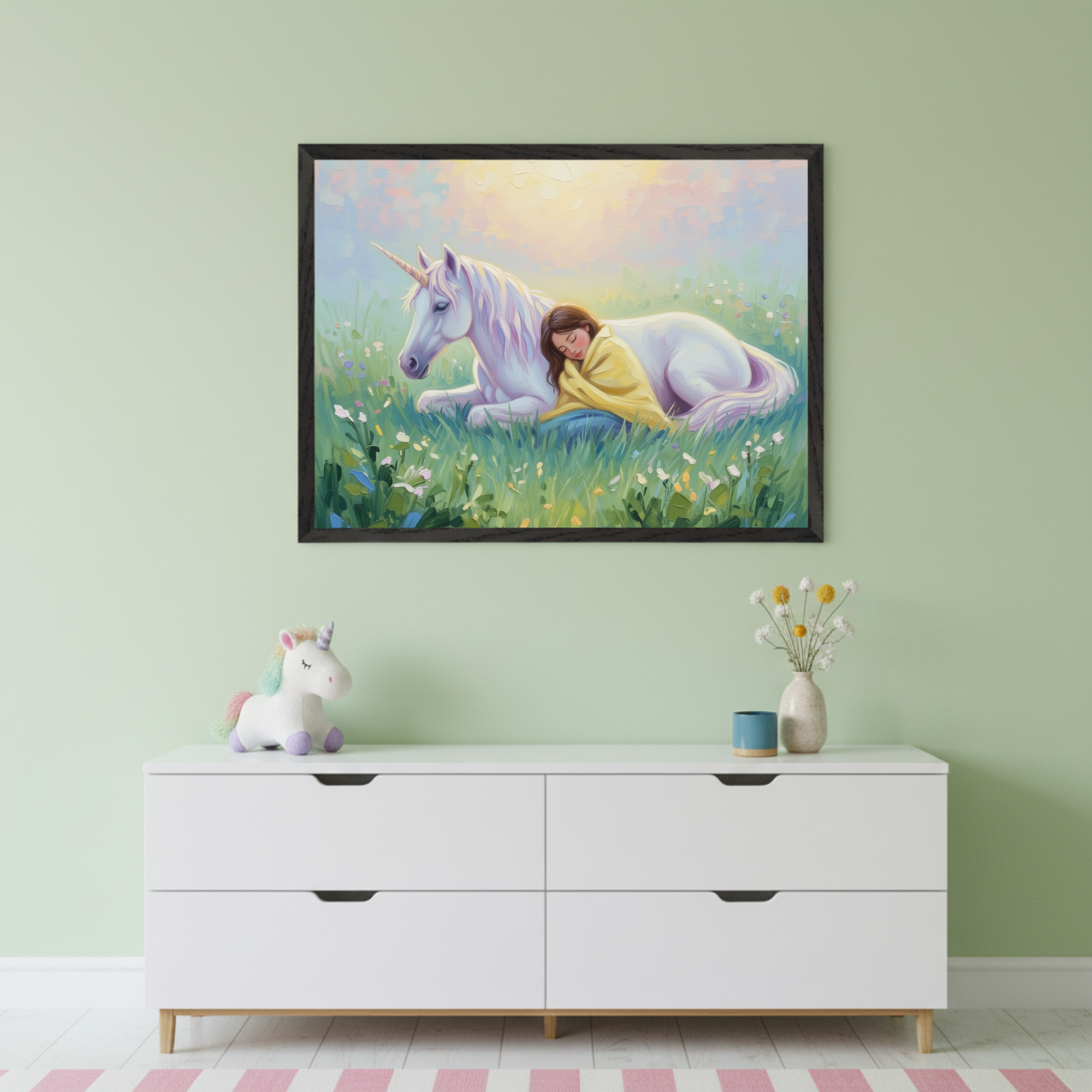 Modern kid's room with a white six-drawer dresser. A large framed art hangs above the dresser, depicting a young girl sleeping beside a white unicorn in a flowery field under a bright sky in a painterly style.