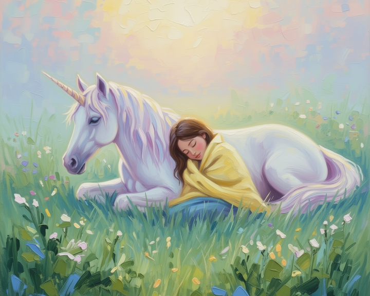 A serene painting depicts a young woman wrapped in a yellow blanket, peacefully sleeping beside a white unicorn with a golden horn. They rest on a lush grassy field adorned with colorful wildflowers, under a softly glowing sky.