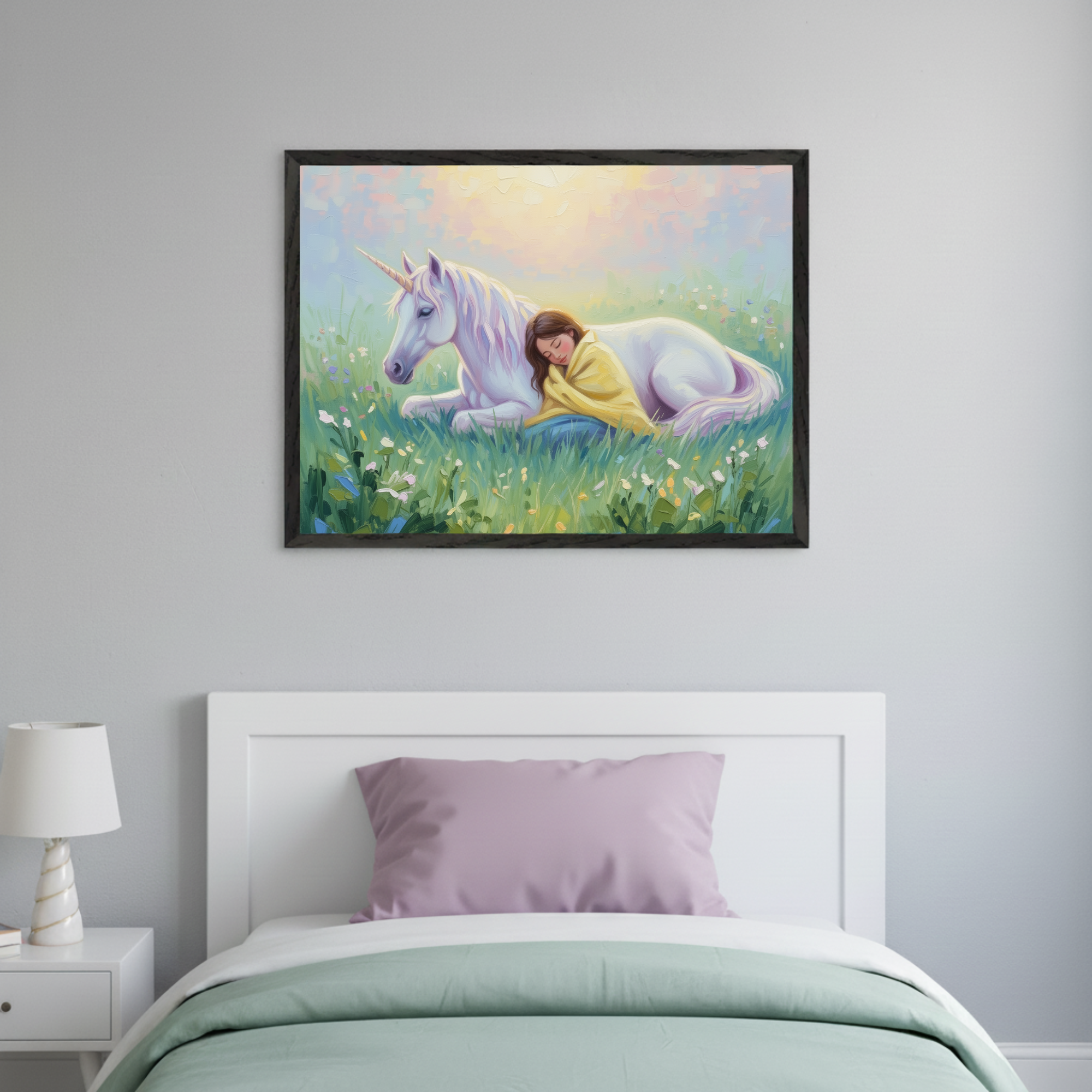 Kid's bedroom with a white bed and nightstand. A framed art of a girl sleeping next to a white unicorn in a sunny field of flowers hangs above the bed.