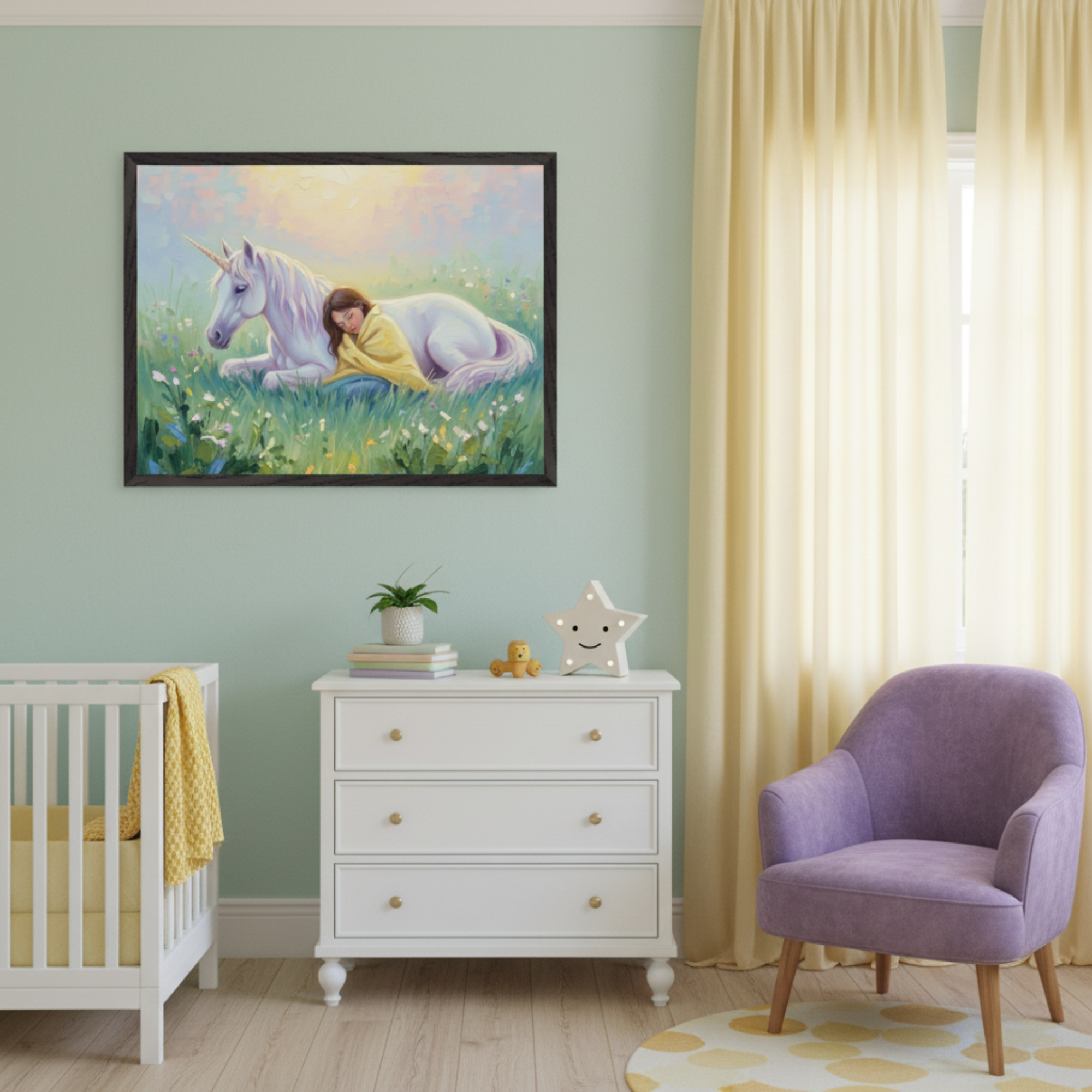 Framed painting of a young girl resting peacefully against a white unicorn lying in a sunny meadow filled with wildflowers, surrounded by soft pastel colors. The artwork is displayed above a white dresser in a nursery with a mint green wall, yellow curtains, and a cozy purple chair.