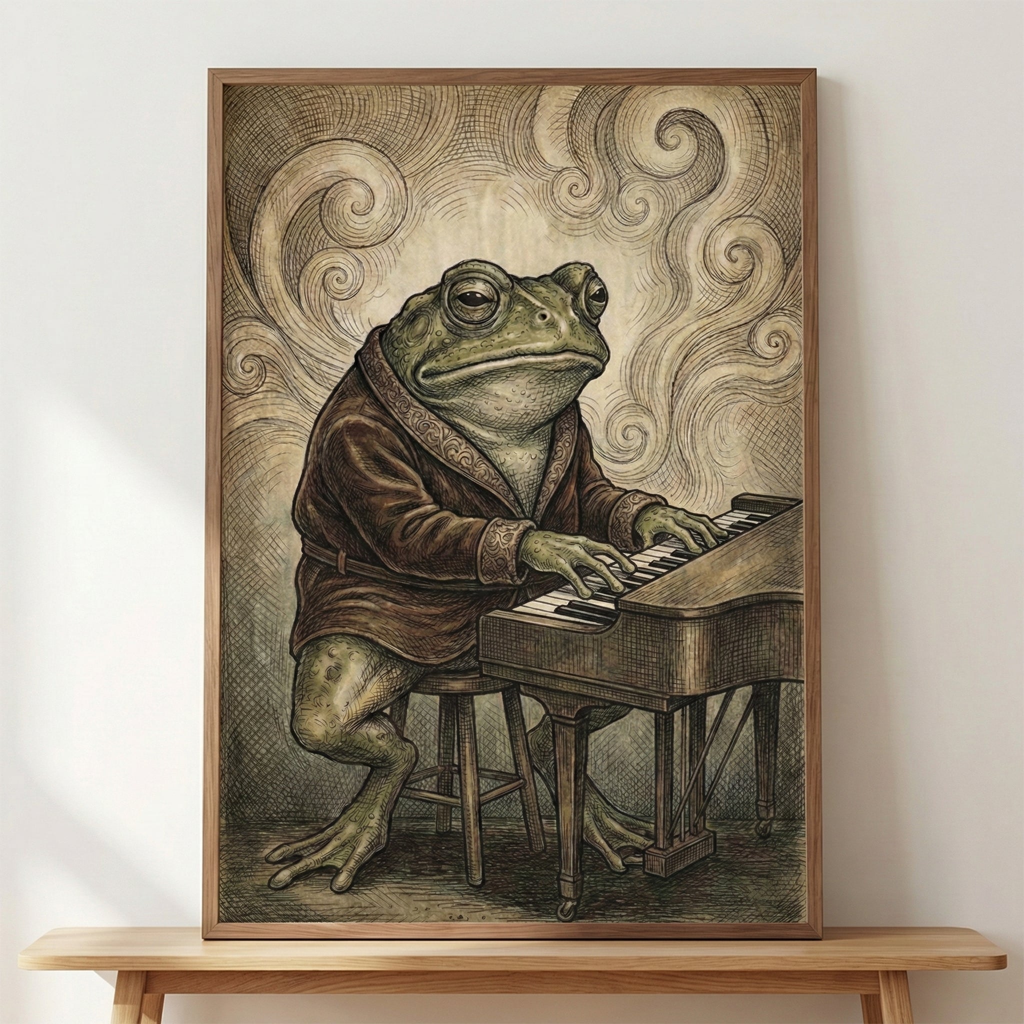 Framed illustration of a toad wearing an ornate robe while playing a grand piano, seated on a wooden stool. Swirling background lines suggest musical movement or smoke, blending a vintage jazz lounge aesthetic with playful surrealism. The artwork rests on a simple wooden bench against a white wall.
