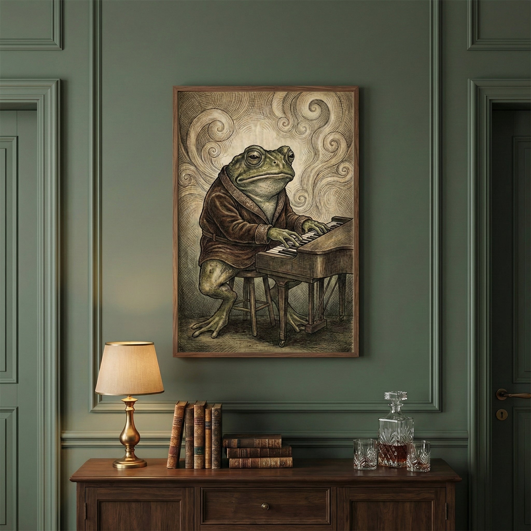 Sophisticated room with a framed illustration of a toad in a richly patterned robe playing a grand piano, surrounded by swirling smoke-like lines that enhance the moody, jazz-inspired vibe. The artwork hangs above a dark wooden sideboard adorned with vintage books, a lamp, and crystal decanters, creating a refined, lounge-like atmosphere.
