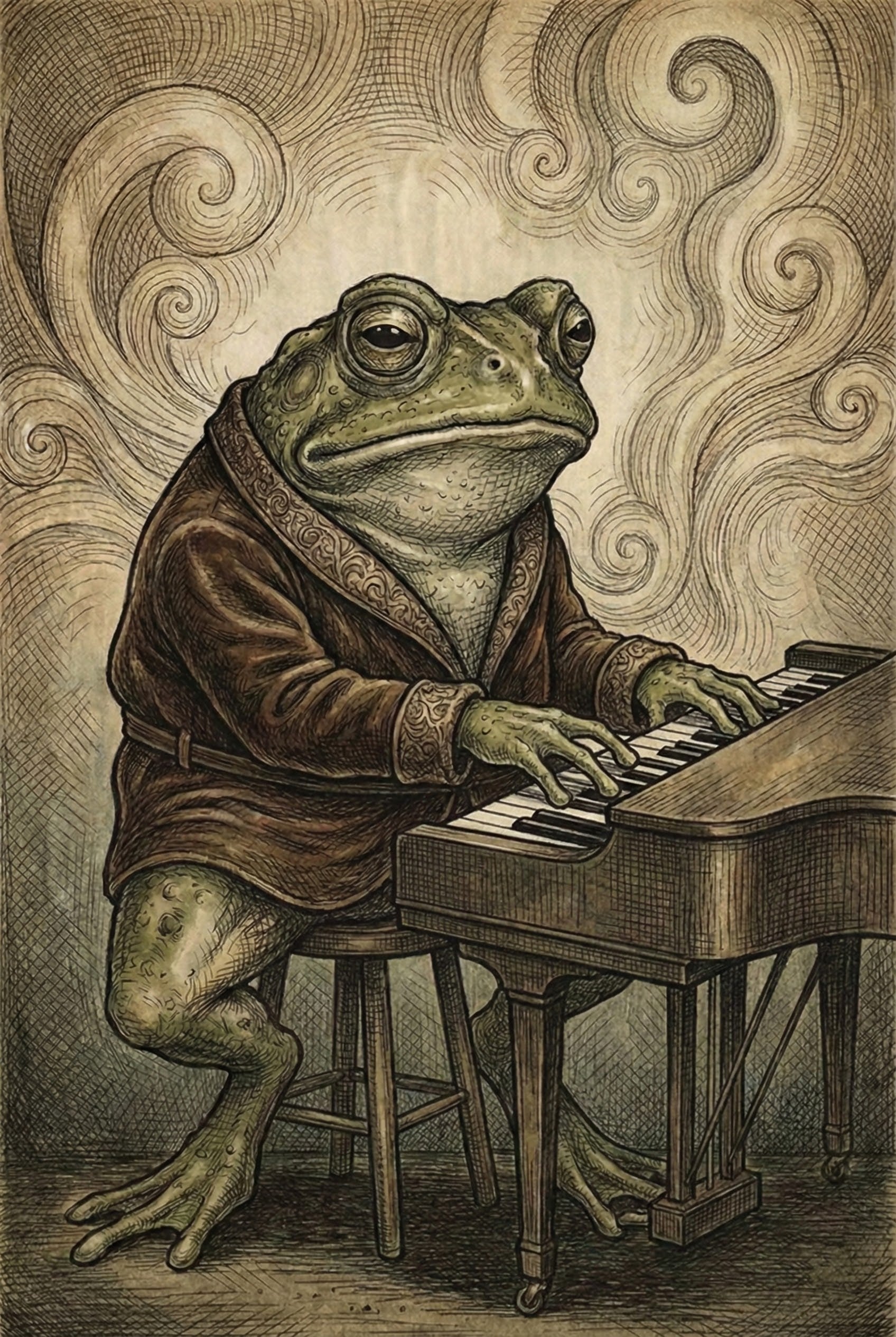 A sophisticated frog dressed in an ornate robe sits on a wooden stool, playing a grand piano with a calm, introspective expression. The detailed, vintage-style illustration features swirling background patterns, adding a whimsical and elegant atmosphere.