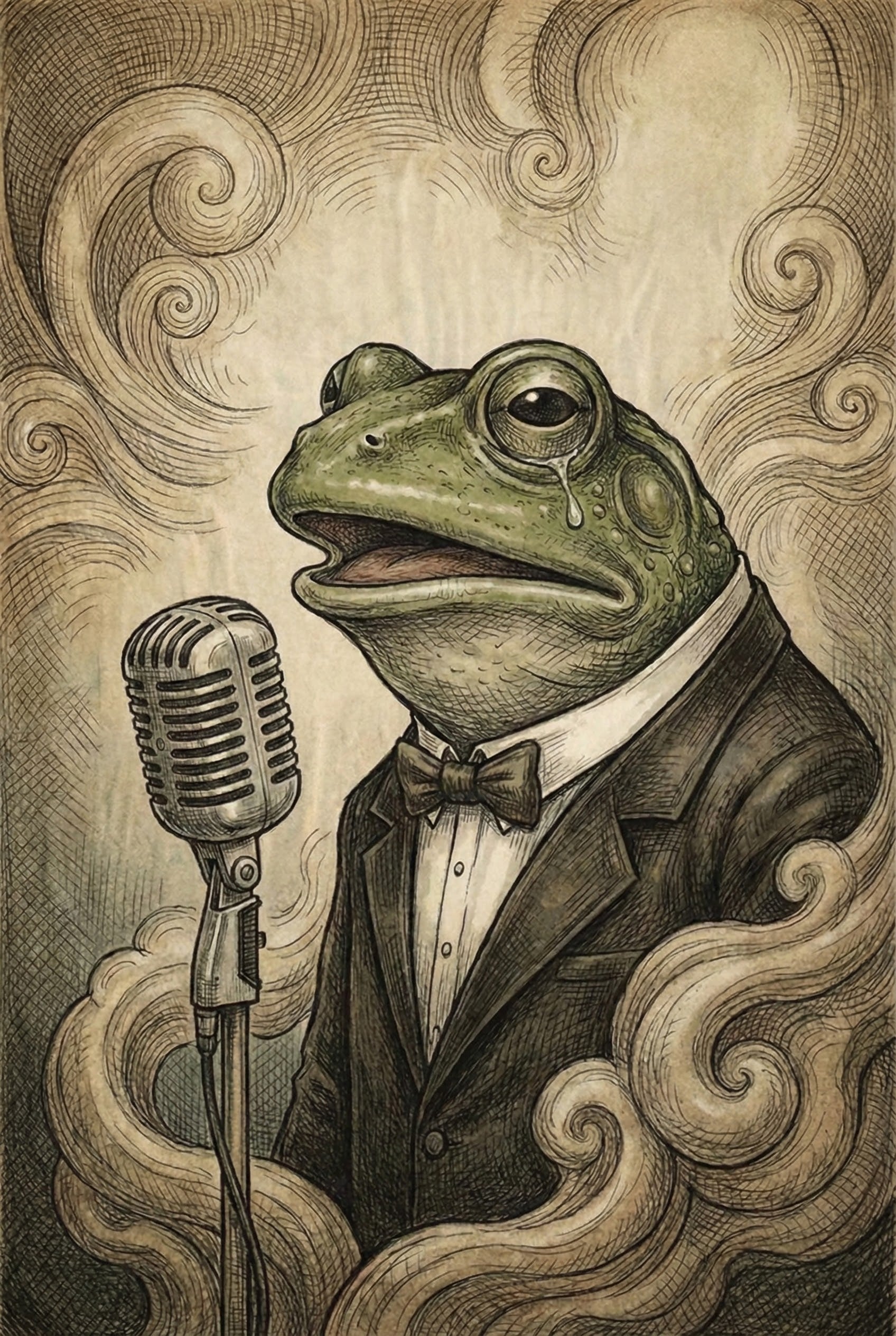 Framed artwork of a frog in a tuxedo, tearfully singing into a vintage microphone, surrounded by swirling smoke-like patterns. The illustration combines surreal and vintage styles, with the emotional frog adding a humorous, dramatic flair. Displayed on a rustic wooden kitchen table with a blurred kitchen in the background.
