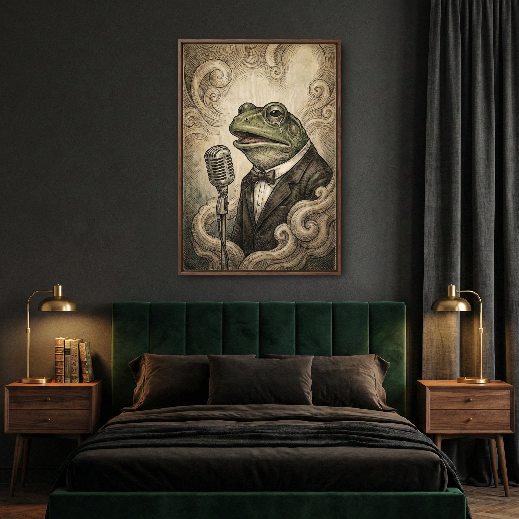 Moody bedroom interior featuring a framed illustration of a frog in a tuxedo singing into a vintage microphone, with swirling smoke motifs surrounding it. The artwork hangs above a dark green velvet bed, flanked by mid-century modern nightstands and brass lamps, adding a touch of whimsy to the sophisticated space.
