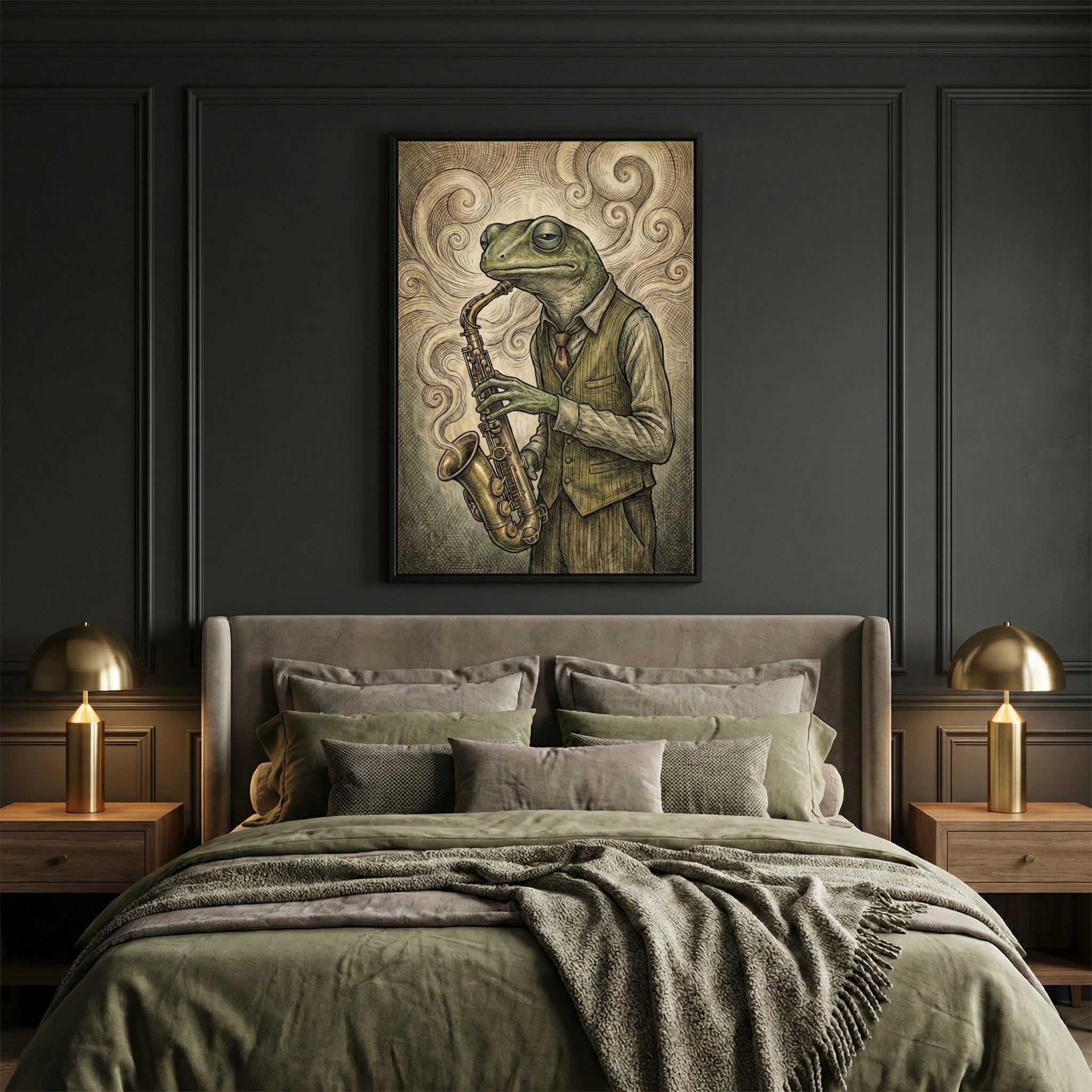 Moody bedroom interior featuring a large framed illustration of a frog in a vest and tie playing a saxophone, with whimsical swirling smoke patterns rising around it. The room is styled with dark paneled walls, olive and taupe bedding, gold table lamps, and wooden nightstands, creating a cozy and artistic ambiance.
