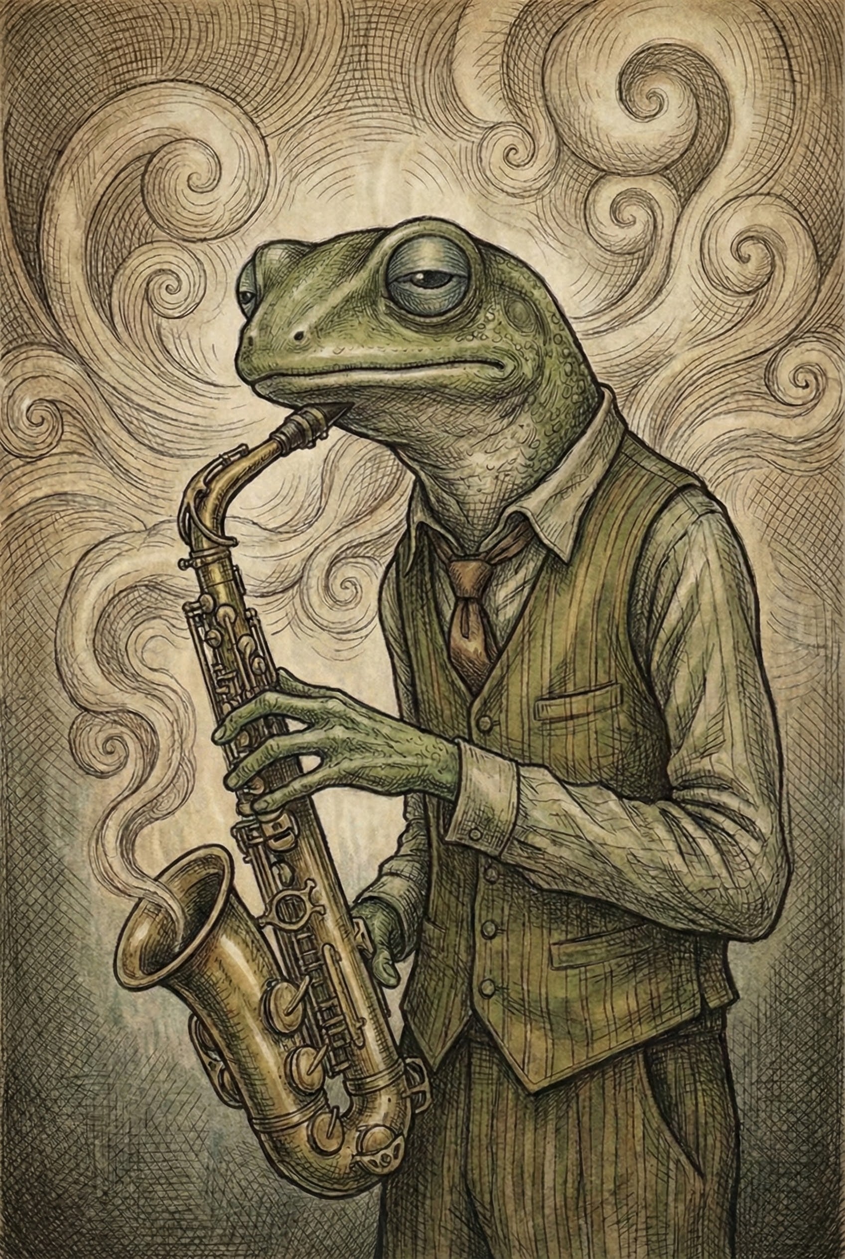Whimsical framed illustration of a frog dressed in a vintage pinstripe vest and tie, playing a saxophone with swirling smoke-like patterns rising around it. The textured, sepia-toned background and detailed linework give the piece a surreal, jazz-inspired atmosphere.