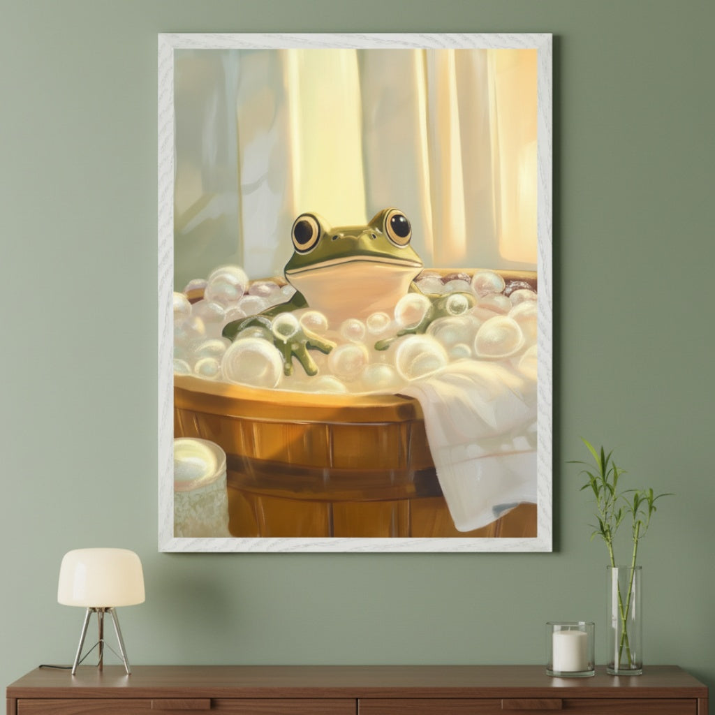 Modern room with a sage green wall above a dark wood dresser. A white-framed painting of a green frog in a bubble bath in a wooden tub hangs centered above the dresser. A lamp, candle, and bamboo adorn the dresser.