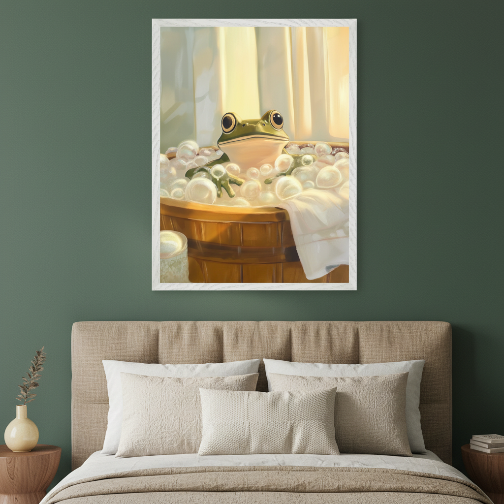 Modern bedroom with a beige upholstered bed. A framed illustrative painting of a green frog taking a bubble bath in a wooden tub hangs centered above the bed.