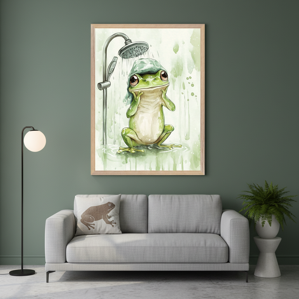Modern living room with a gray sofa. A large framed watercolor of a cartoon green frog showering with a blue cap hangs above the sofa. A floor lamp is on the left, and a potted plant on a stand is on the right. A frog-themed pillow is on the sofa.