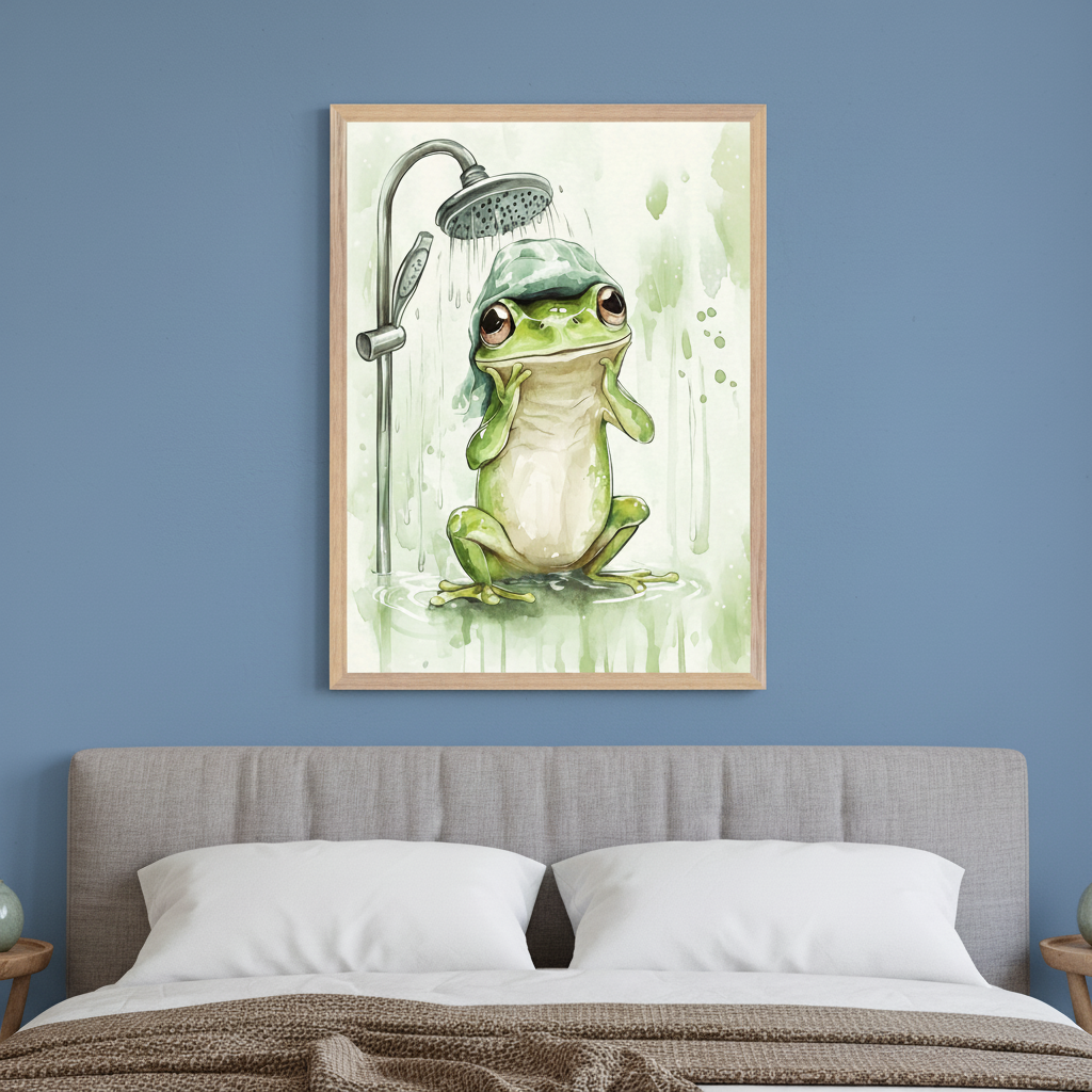 Modern bedroom with a grey upholstered bed against a blue wall. A framed watercolor painting of a green frog wearing a shower cap under a showerhead hangs centered above the bed.